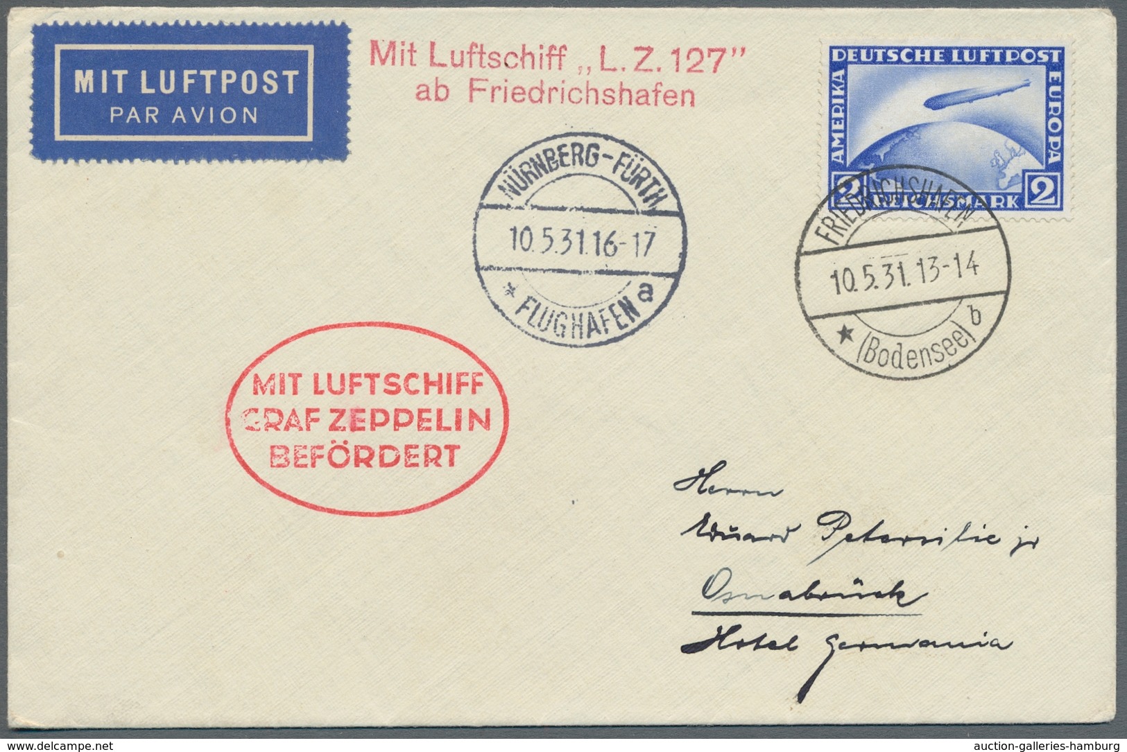 Zeppelinpost Deutschland: 1931, Fahrt Nach Nürnberg, Brief Auflieferung Fr`hfn. Mit 2 RM Zeppelin. B - Correo Aéreo & Zeppelin