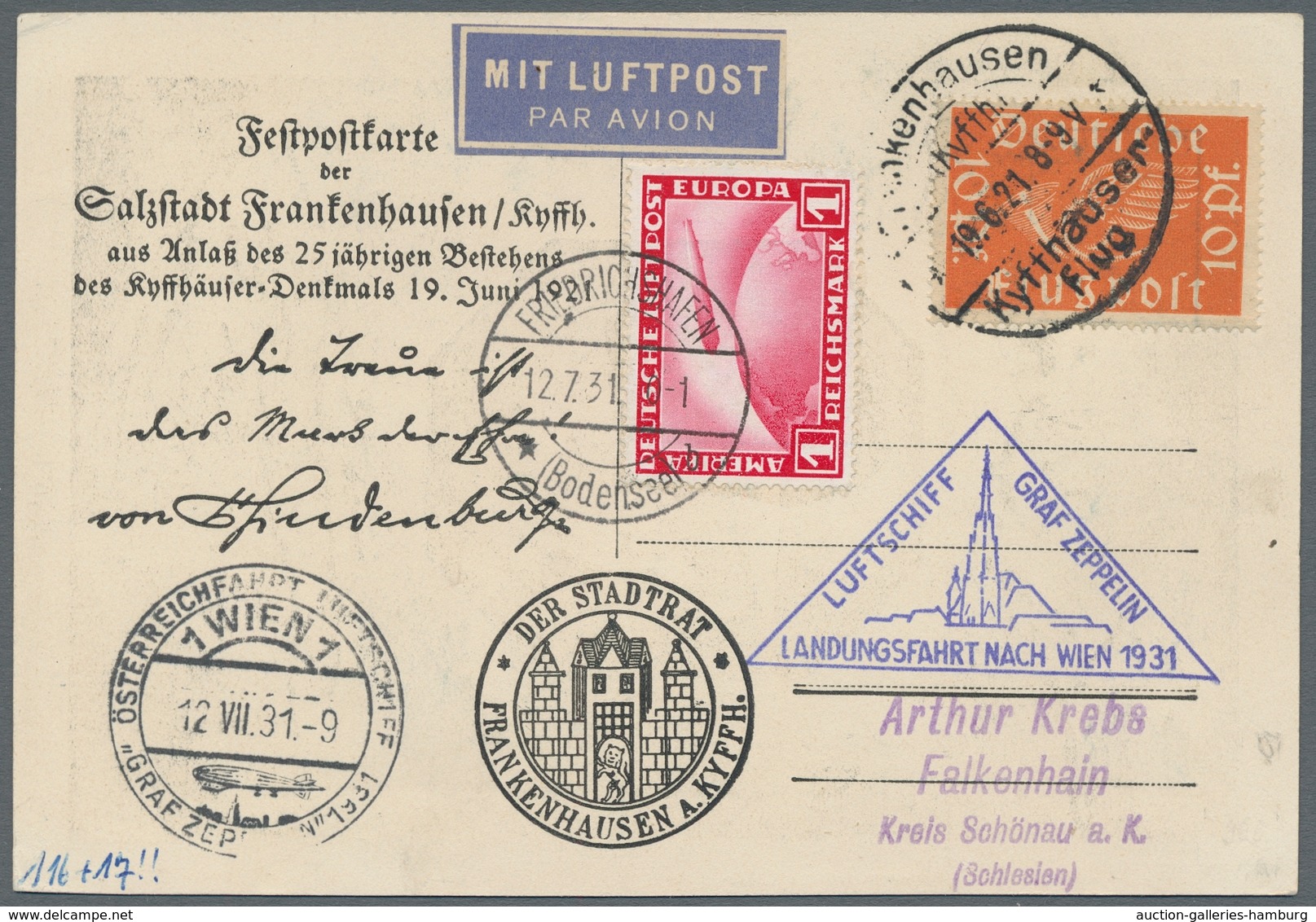Zeppelinpost Deutschland: 1931, Österreich-Fahrt, Karte (seltene Wiederverwendung Einer Kyffhäuser-F - Correo Aéreo & Zeppelin