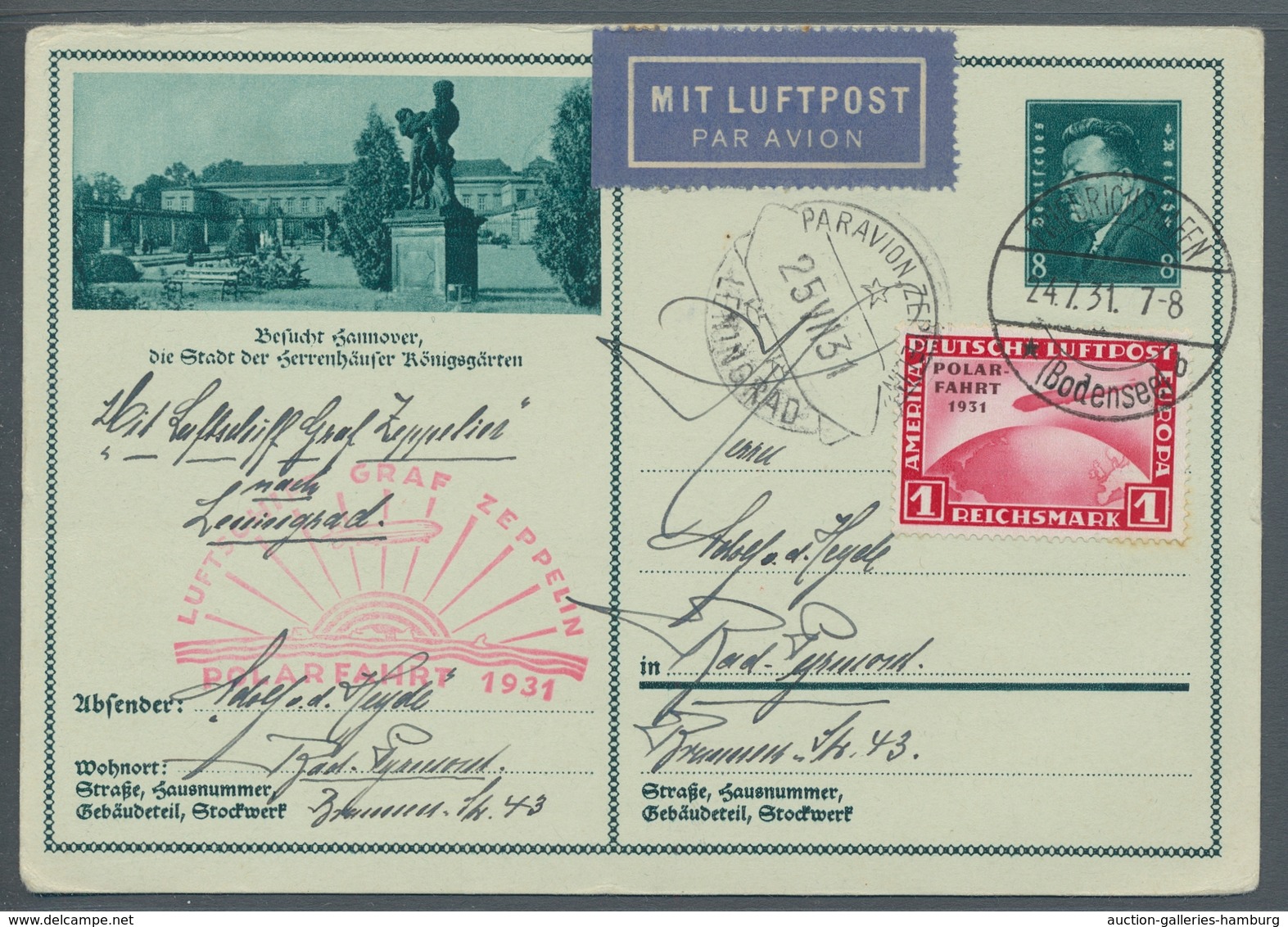 Zeppelinpost Deutschland: 1931, Polarfahrt, 456 Als Zusatzfrankatur Auf Bildpostkarte, Mit Polarfahr - Correo Aéreo & Zeppelin