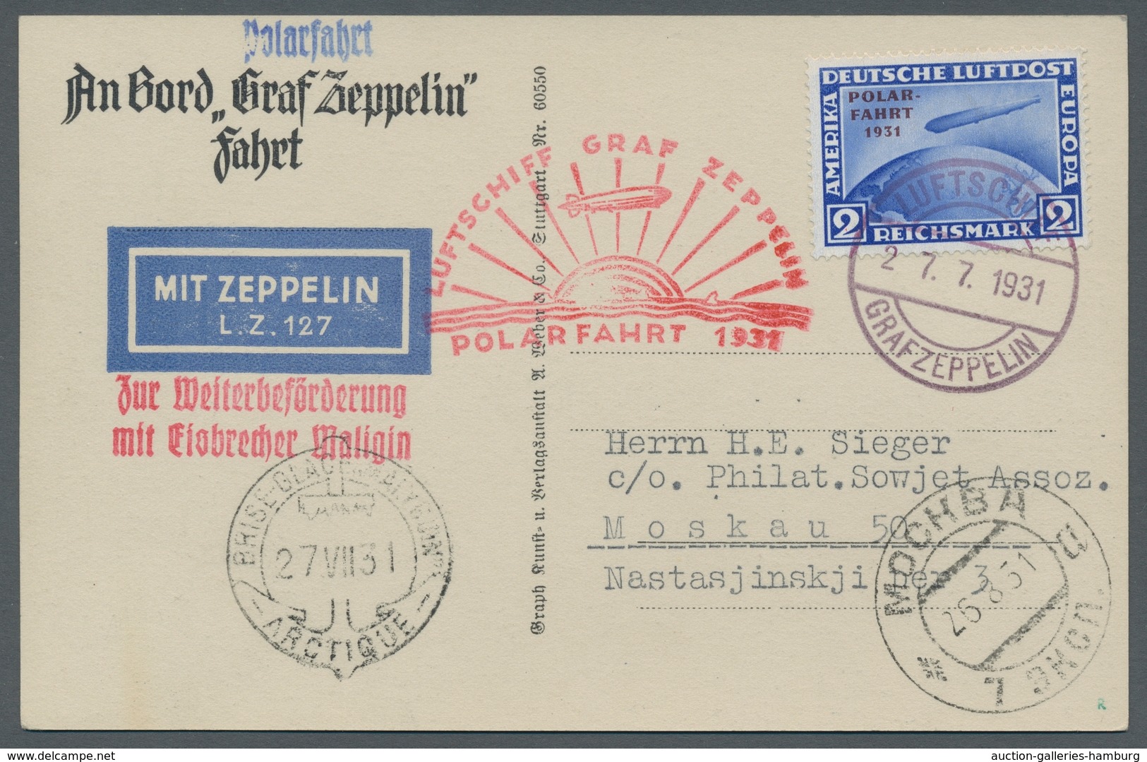 Zeppelinpost Deutschland: 1931-Polarfahrt Bordpost (27.7.31) Bis "Malygin" Mit Entsprechendem Sonder - Correo Aéreo & Zeppelin