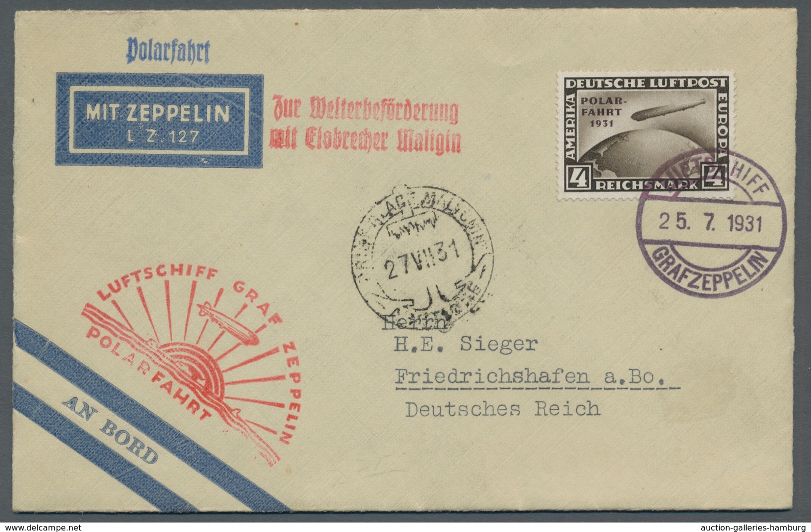 Zeppelinpost Deutschland: 1931-Polarfahrt Bordpost (25.7.31) Bis "Malygin" Mit Entsprechendem Sonder - Correo Aéreo & Zeppelin