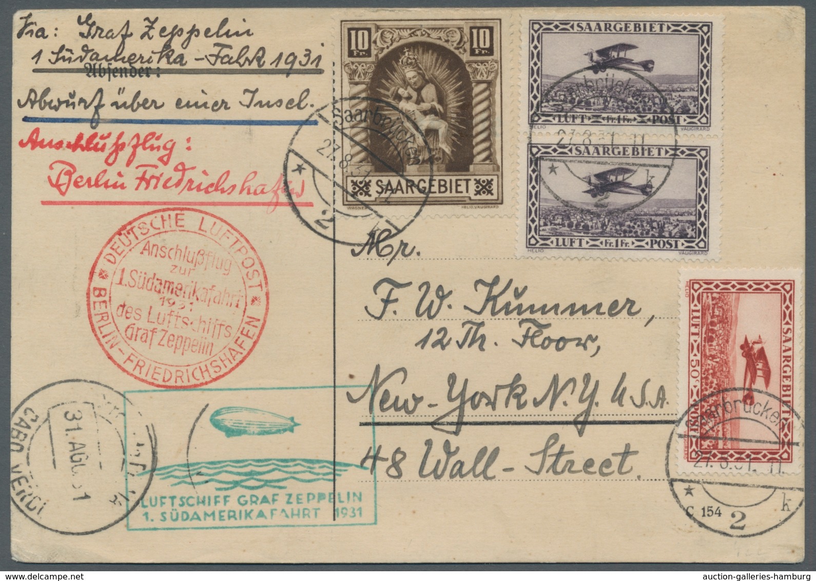 Zeppelinpost Deutschland: 1931, 1. Südamerikafahrt, Abwurf Kap Verde, Karte Ab Saarbrücken 27.8. Mit - Correo Aéreo & Zeppelin