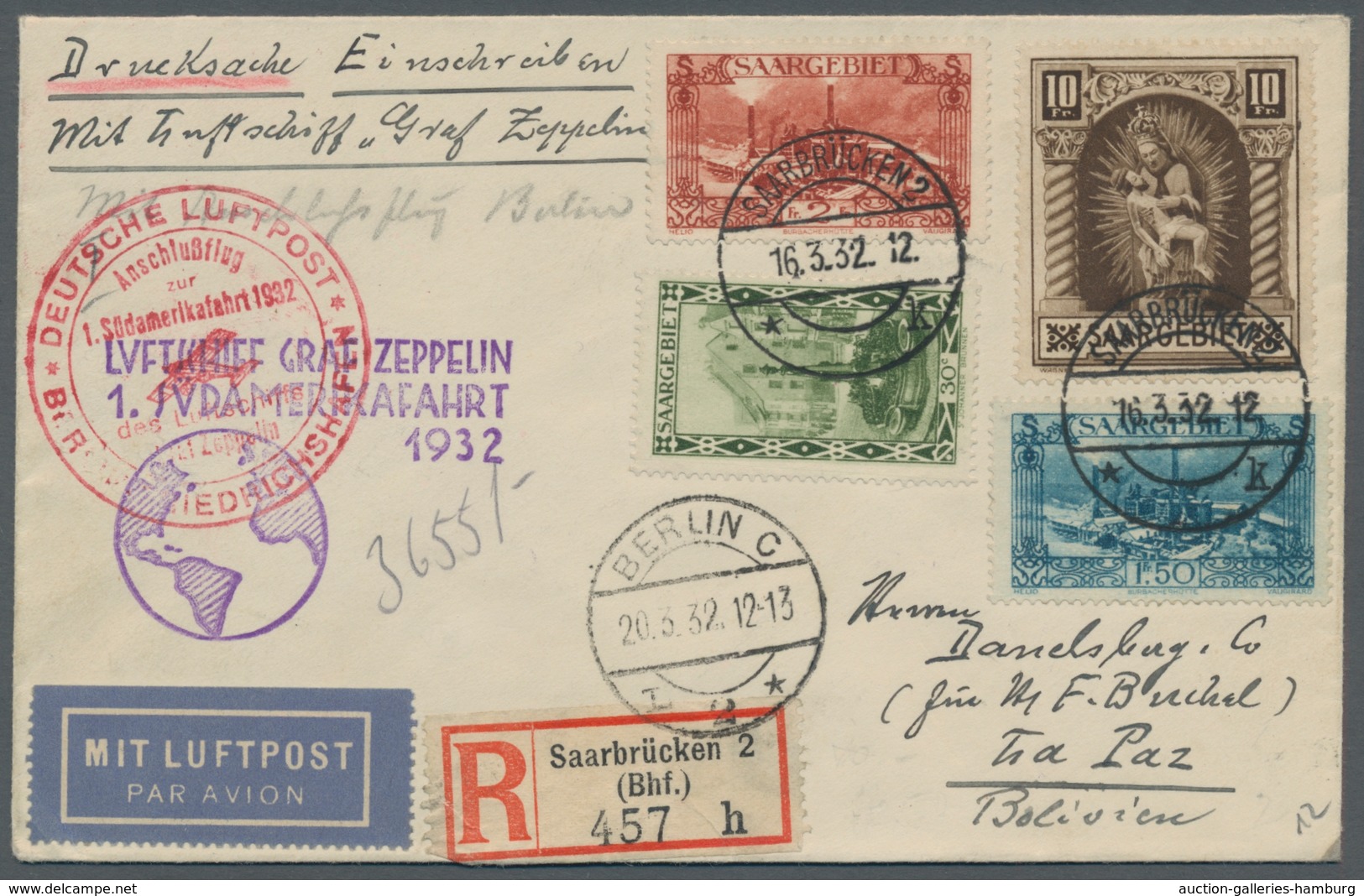Zeppelinpost Deutschland: 1932 - 1. SAF, Zuleitung Saar Zum Anschlussflug Ab Berlin Mit Bestätigungs - Correo Aéreo & Zeppelin