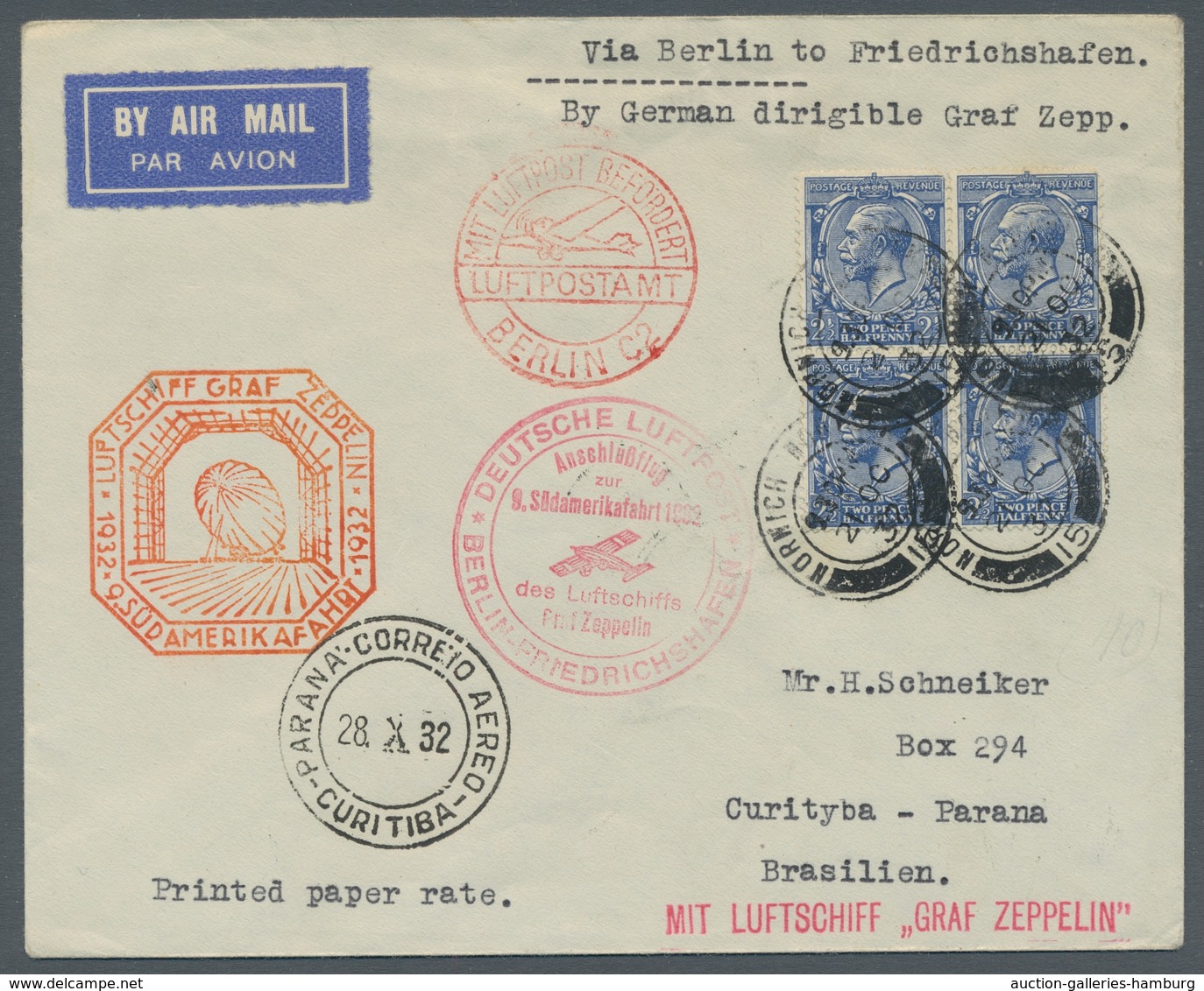 Zeppelinpost Deutschland: 1932, 9. Südamerikafahrt, Zuleitungspost Großbritannien 2 1/2 P Blau Als 4 - Correo Aéreo & Zeppelin