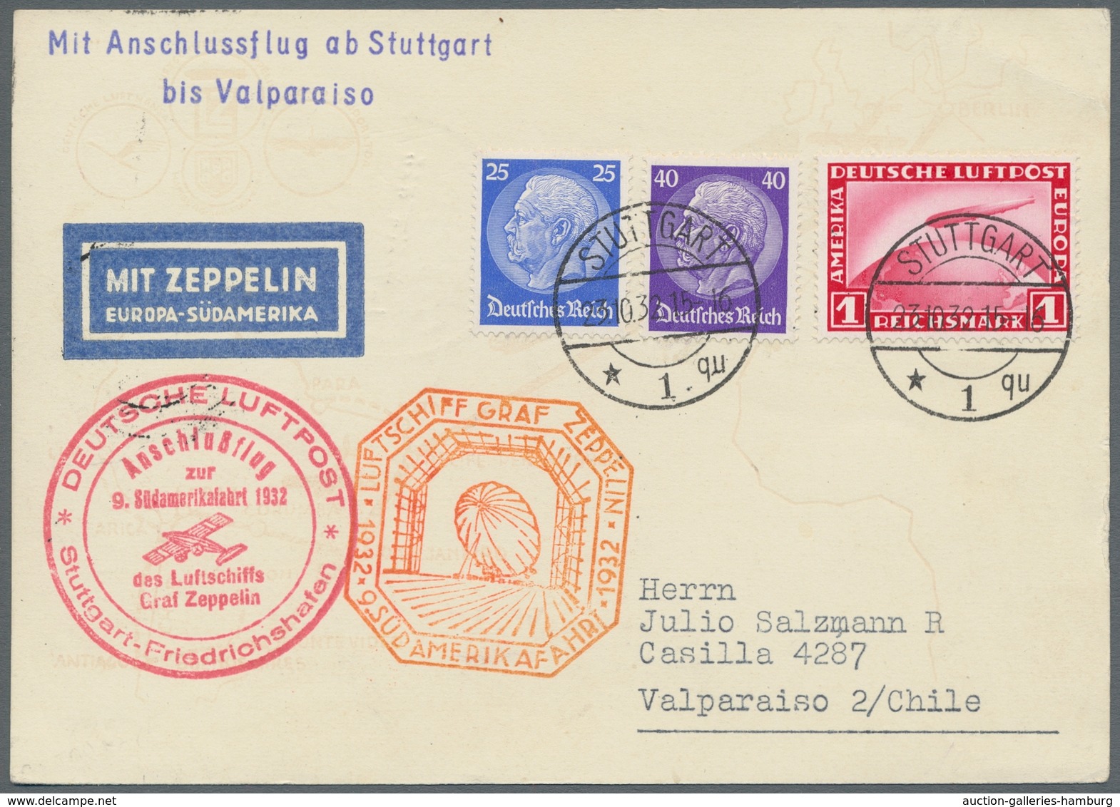 Zeppelinpost Deutschland: 1932, 9.SAF, Anschlußflug Ab Stuttgart Bis Valparaiso, Mit Guter Frankatur - Correo Aéreo & Zeppelin