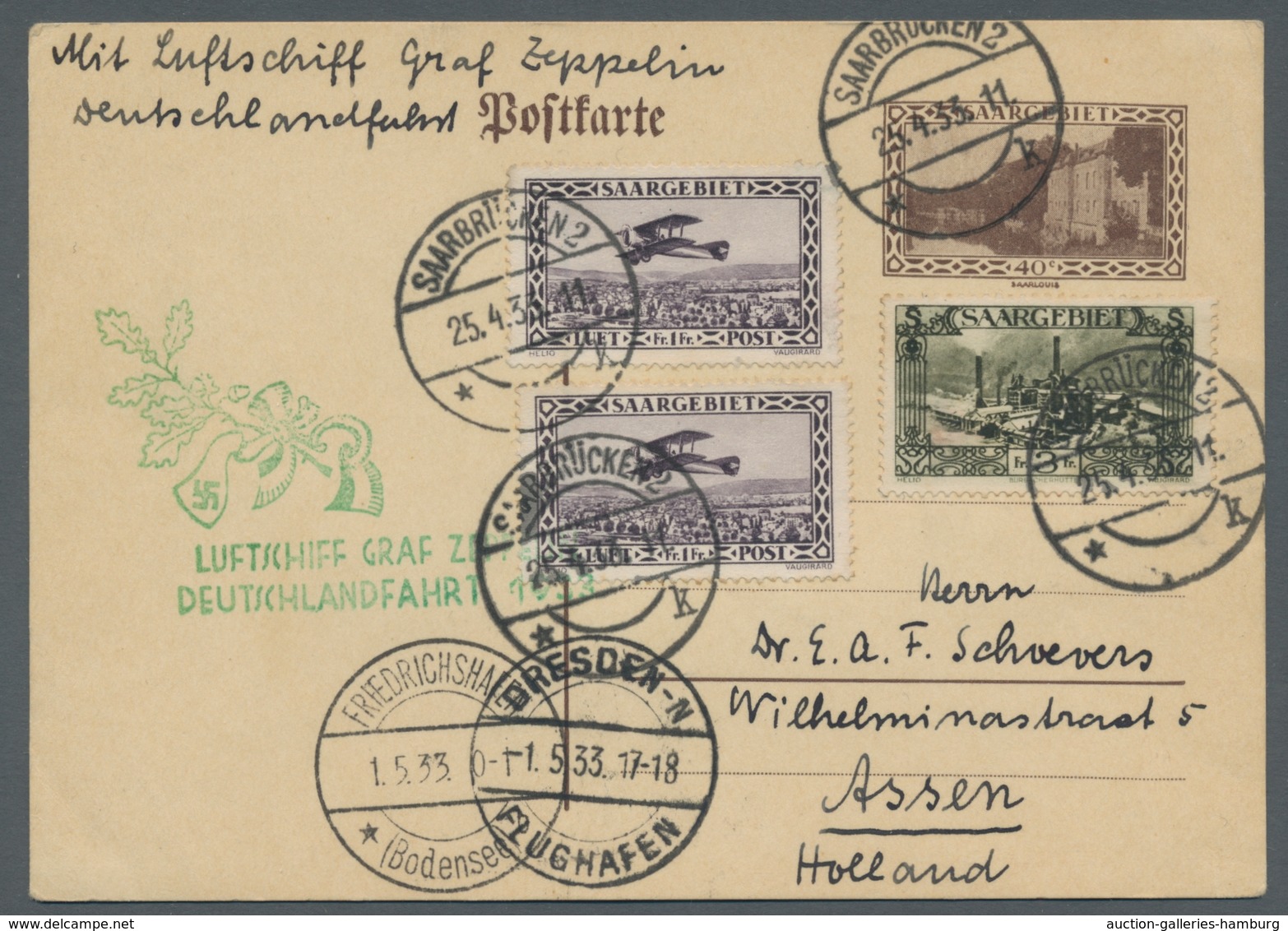 Zeppelinpost Deutschland: 1933, Deutschlandfahrt, Zuleitung SAARGEBIET, Nach ASSEN (Niederland) Am 2 - Airmail & Zeppelin