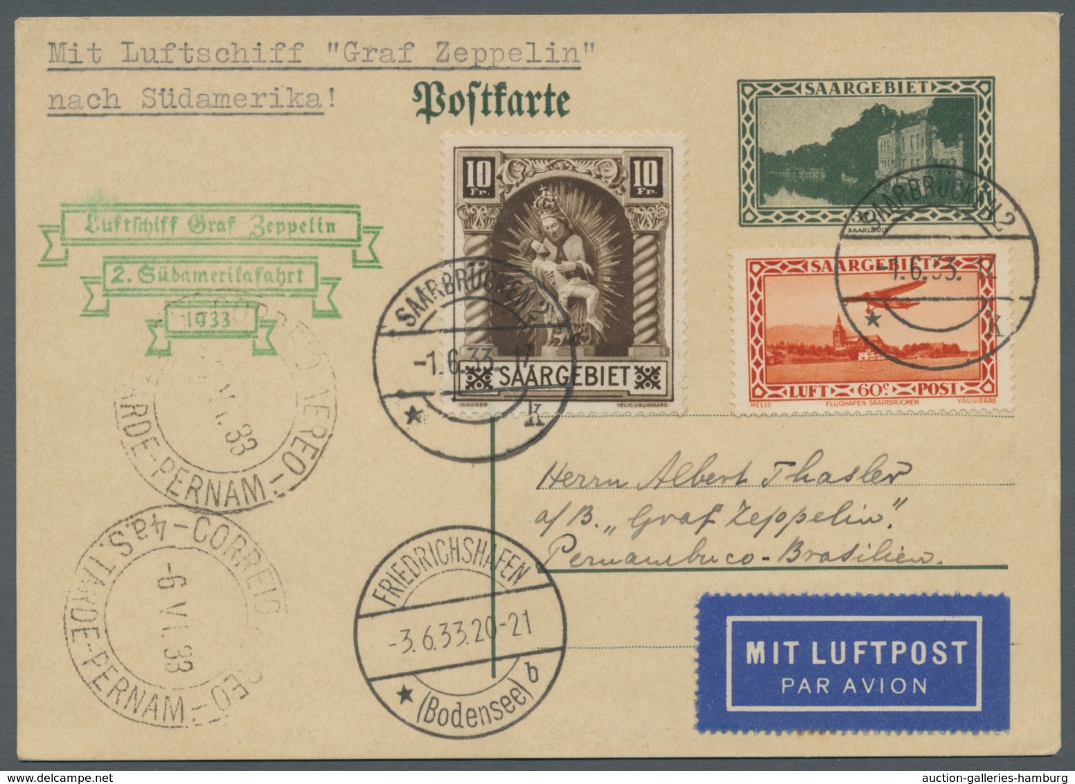 Zeppelinpost Deutschland: 1933 - 2. SAF, Zuleitung Saar Auf Ganzsache Mit Hochwertiger Zusatzfrankat - Correo Aéreo & Zeppelin