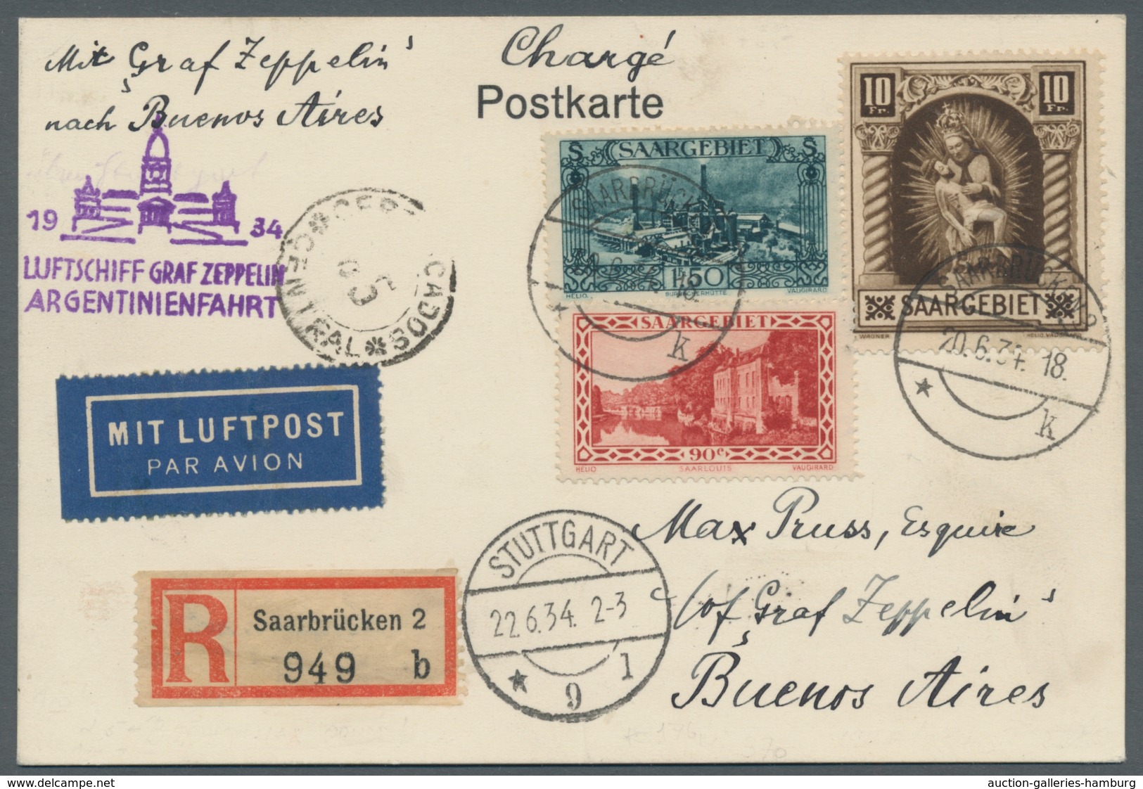 Zeppelinpost Deutschland: 1934, 3. Südamerikafahrt, Zuleitung SAARGEBIET 20.6., Anschlußflug Stuttga - Correo Aéreo & Zeppelin