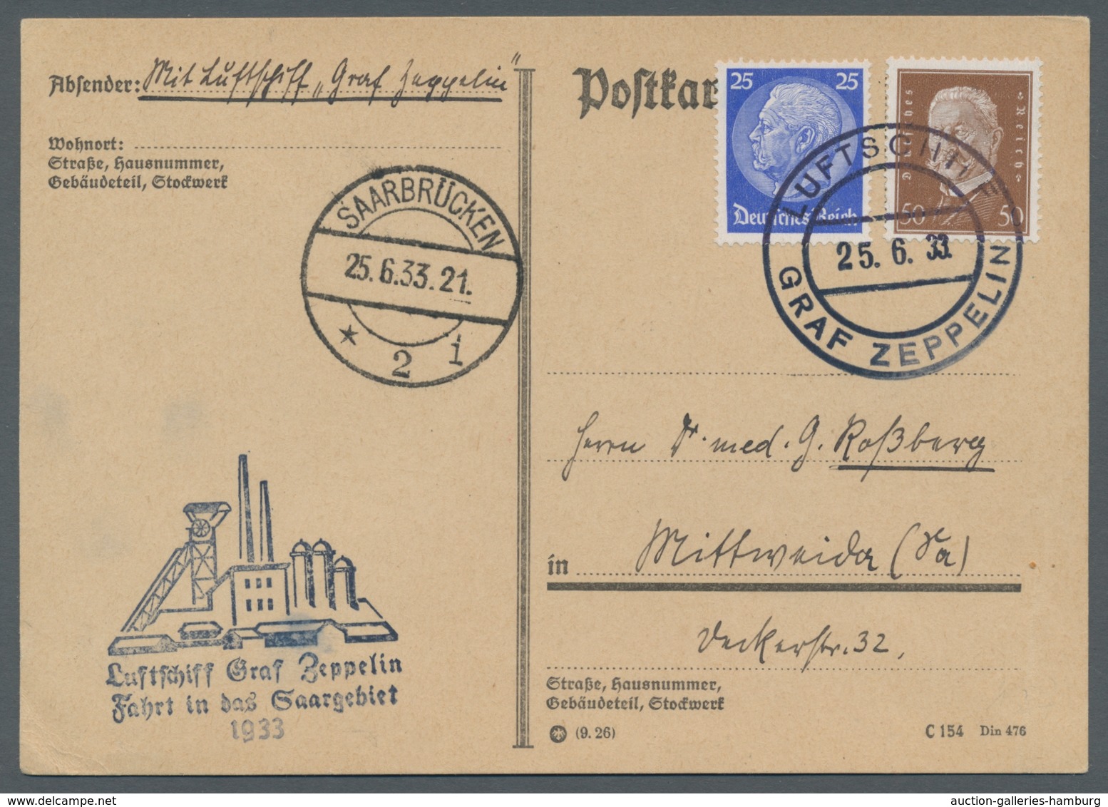 Zeppelinpost Deutschland: 1933, Saarbrücken - Rundfahrt - Saarbrücken Am 25.6. Ak.Stpl. 25.6.33, 21 - Correo Aéreo & Zeppelin