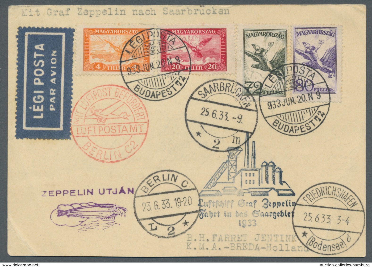 Zeppelinpost Deutschland: 1933, Saargebietsfahrt, Zuleitung Ungarn, Blanko-Karte Ab Budapest 20.6. M - Correo Aéreo & Zeppelin