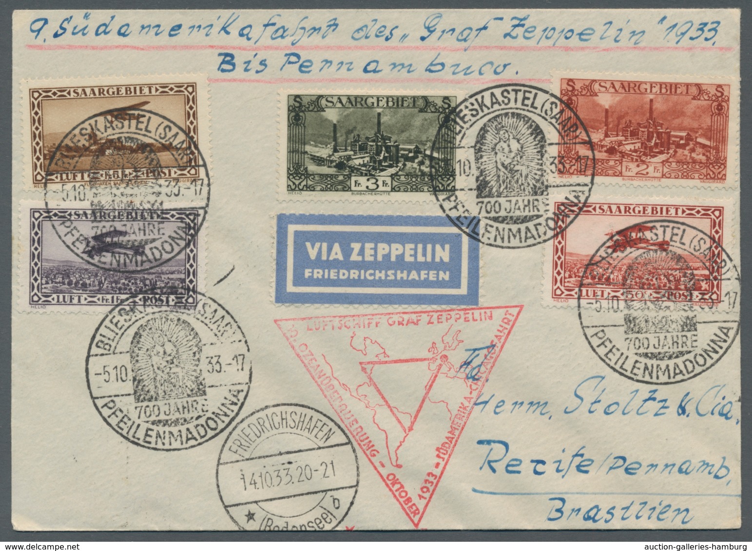 Zeppelinpost Deutschland: 1933, Chicagofahrt, Zuleitung SAARGEBIET, 1.Etappe Bis Pernambuco, Mit Sel - Correo Aéreo & Zeppelin