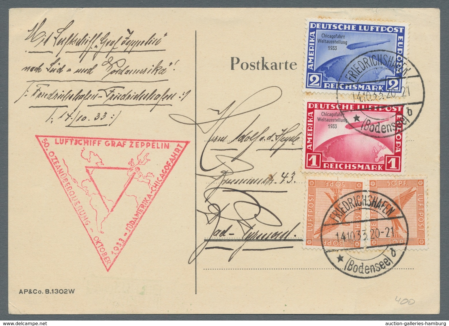 Zeppelinpost Deutschland: 1933, Chicagofahrt 1 Und 2 Und Zweimal 381 Auf Postkarte, Schöne Zeitgemäß - Correo Aéreo & Zeppelin