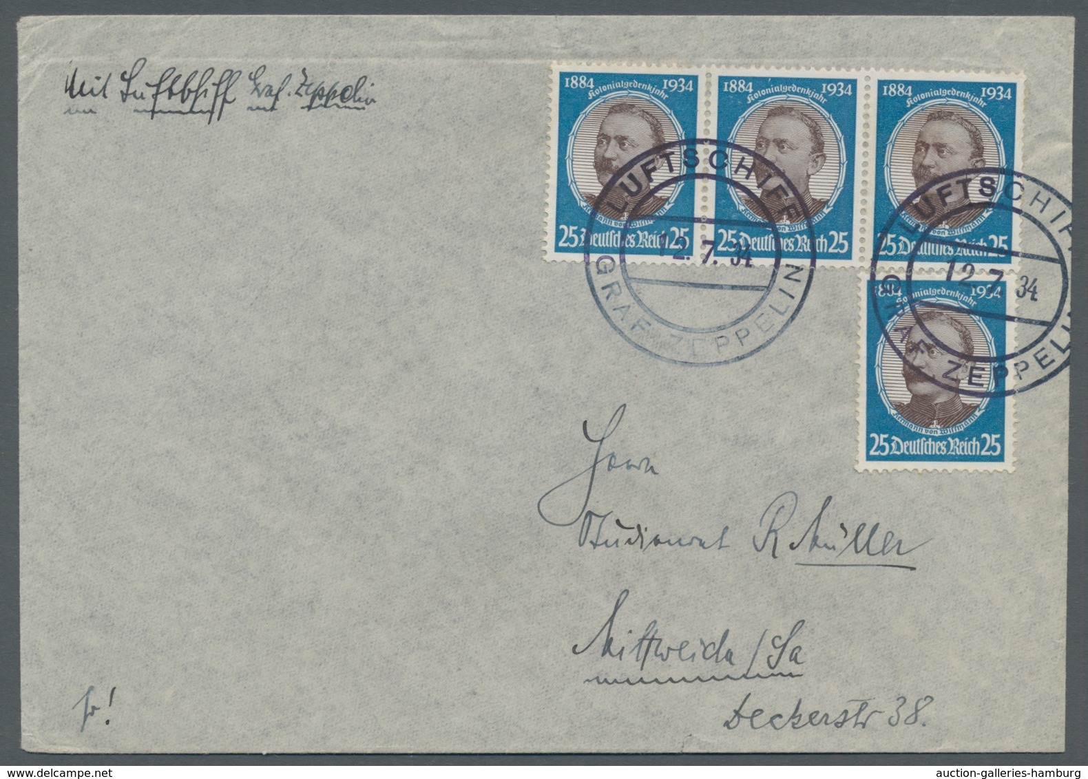 Zeppelinpost Deutschland: 1934, Schweizfahrt, Kolonialforscher 25Pf.blau, Als Portoger. Mef. Auf Bri - Correo Aéreo & Zeppelin
