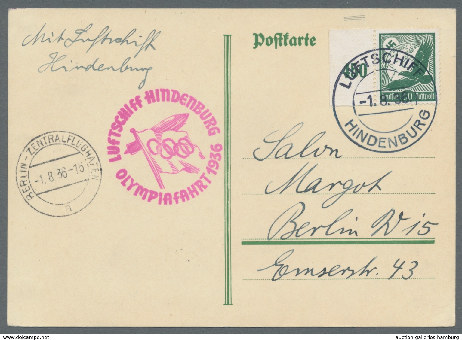 Zeppelinpost Deutschland: 1926, Olympiade-Fahrt, Flugpost 50 Pf. Grün, Randstück, Ef. Auf Postkarte - Correo Aéreo & Zeppelin