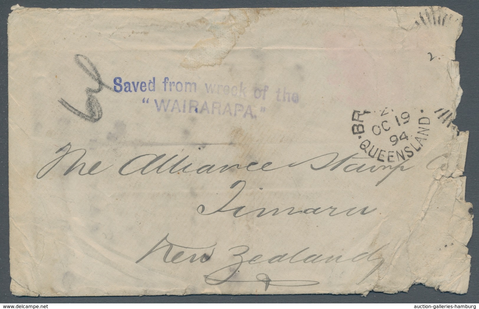 Katastrophenpost: 1894 - NEUSEELAND, Umschlag Mit Abgefallenen Marken Und Stempel "Saved From Wreck - Other & Unclassified