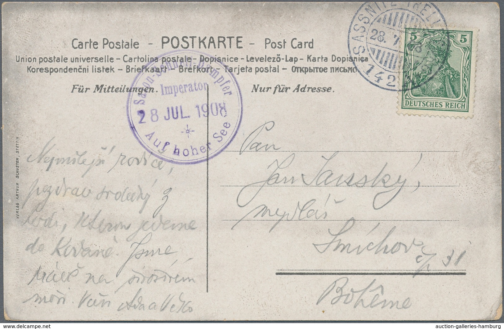 Schiffspost Deutschland: 1908, DR 5 Pf. Germania On Picture-postcard Cancelled By Postmark "SASSNITZ - Cartas & Documentos