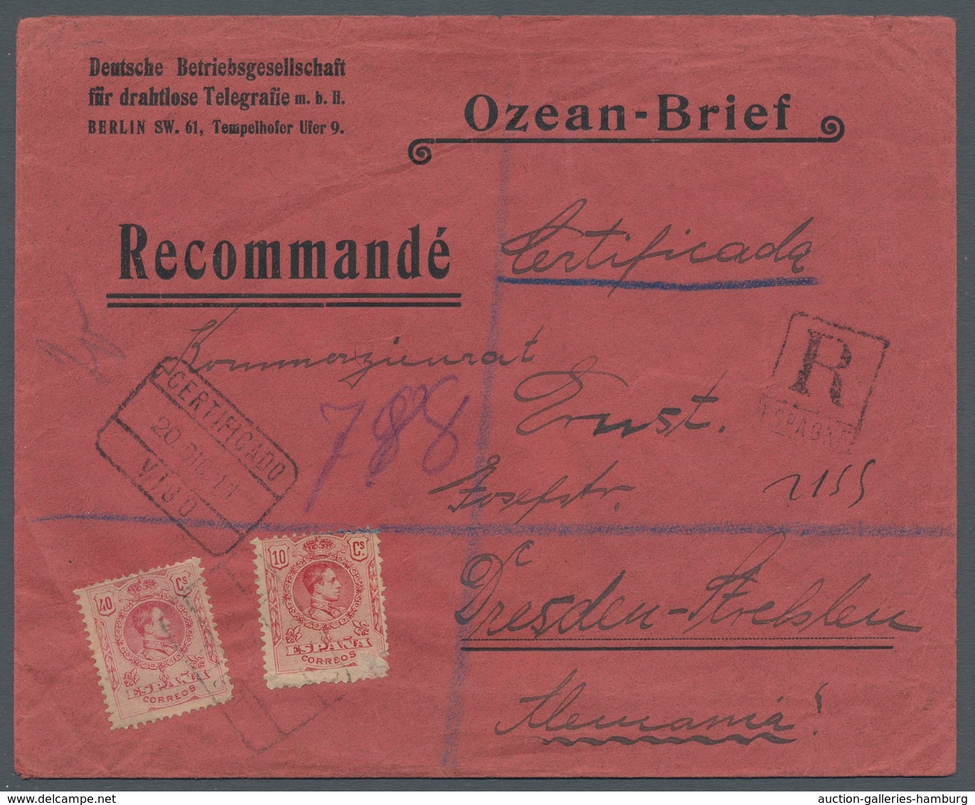 Schiffspost Deutschland: 1911, Vorgedruckter R-Ozeanbrief Der "Deutsche Betriebsgesellschaft Für Dra - Cartas & Documentos