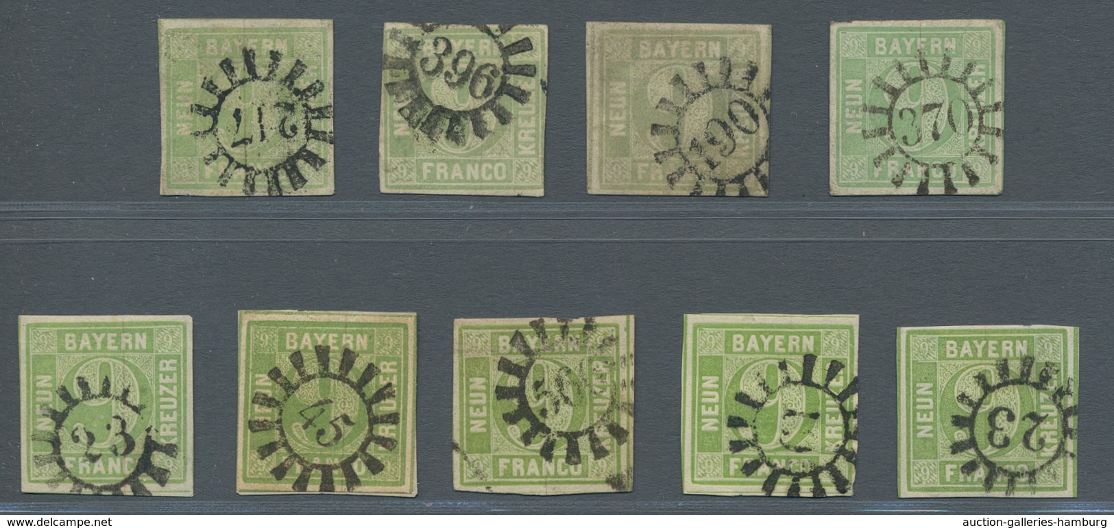 Bayern - Marken Und Briefe: 1950-62, "9 Kr. Quadratausgabe", 9 Gestempelte Und Geprüfte Werte Als St - Other & Unclassified