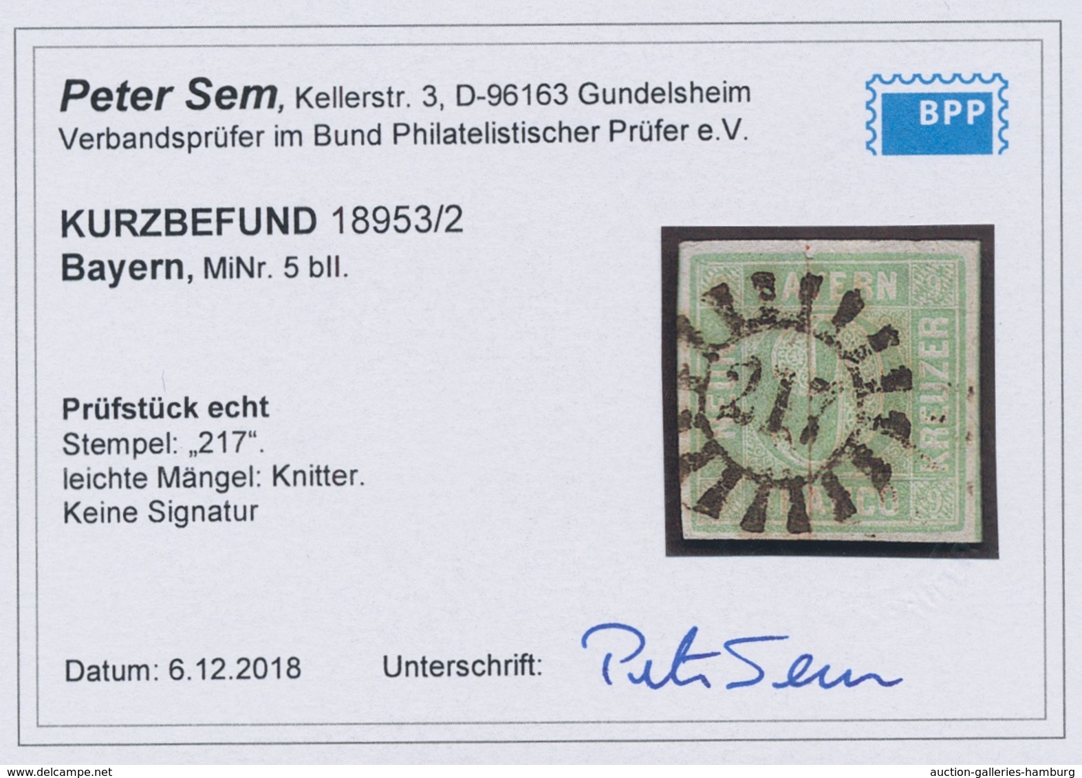 Bayern - Marken Und Briefe: 1853, "9 Kr. Blaugrün In Type II", Farbfrischer Wert Mit Zentralem GMR 2 - Other & Unclassified