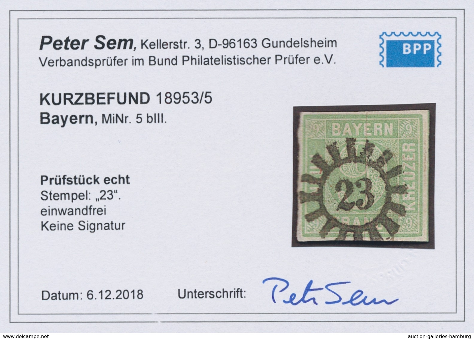 Bayern - Marken Und Briefe: 1853, "9 Kr. Blaugrün In Type III", Fabfrischer Wert Mit Zentralem GMR 2 - Otros & Sin Clasificación
