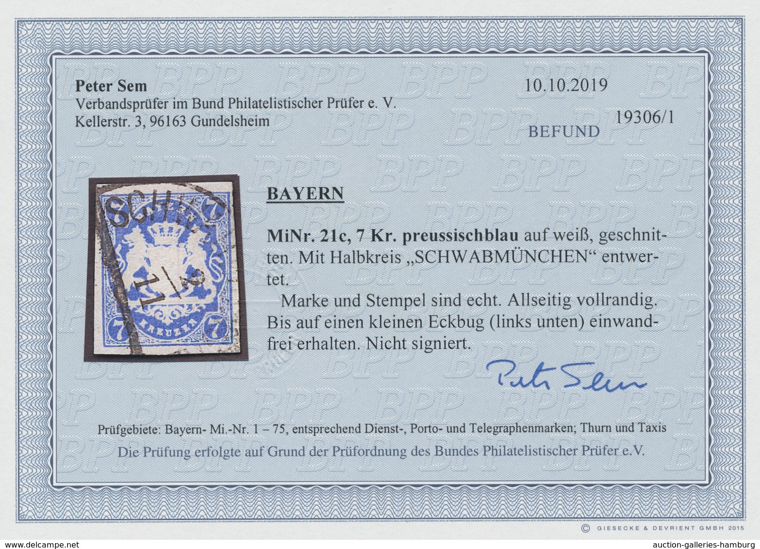 Bayern - Marken Und Briefe: 1869, "7 Kr. Preußischblau", Farbfrischer Und -typischer Wert Mit Allsei - Other & Unclassified