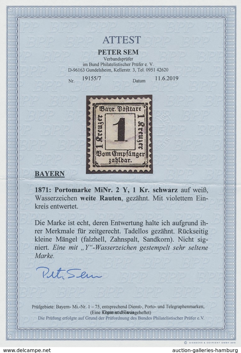 Bayern - Portomarken: 1871, "1 Kr. Mit Wasserzeichen Weite Rauten", Zart Gestempelter Wert Der Sehr - Otros & Sin Clasificación