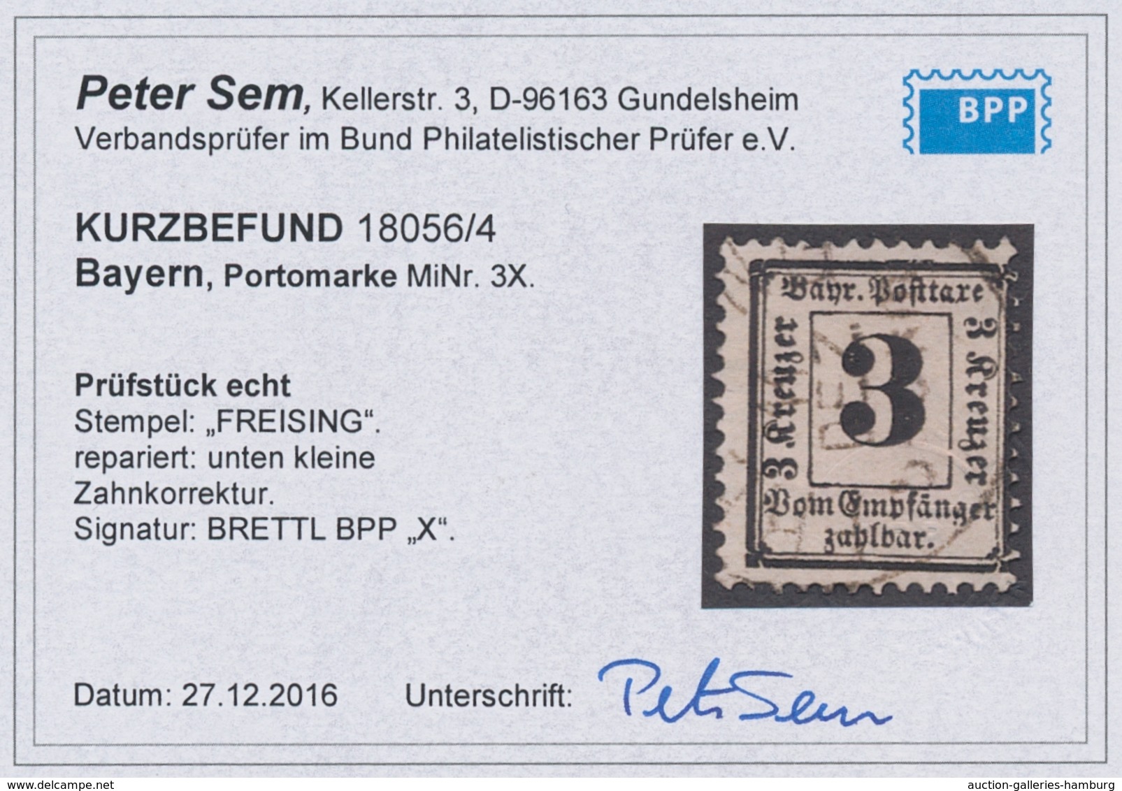 Bayern - Portomarken: 1870, "3 Kr. Mit Wasserzeichen Enge Raute", Sauber FREISING Gestempelter Wert - Otros & Sin Clasificación