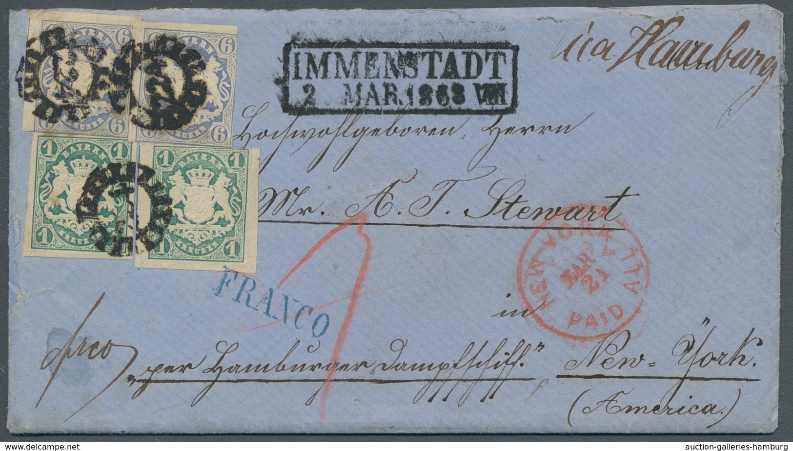 Bayern - Ortsstempel: 1867, "1 Und 6 Kr. Wappen", Je Zwei Farbfrische Werte Als Portorichtige MiF Au - Other & Unclassified