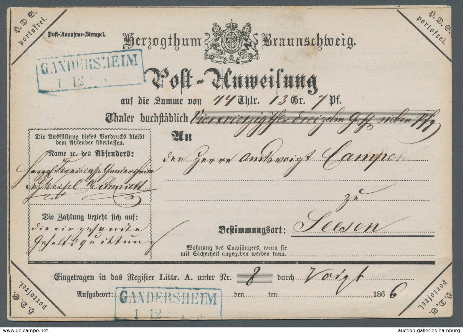 Braunschweig - Marken Und Briefe: 1866, Sehr Gut Erhaltene Dienst-Postanweisung Der Kreiskasse Mit K - Brunswick