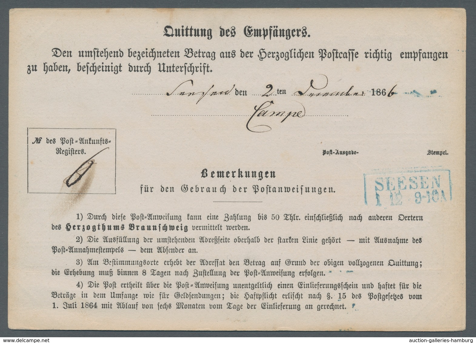 Braunschweig - Marken Und Briefe: 1866, Sehr Gut Erhaltene Dienst-Postanweisung Der Kreiskasse Mit K - Brunswick