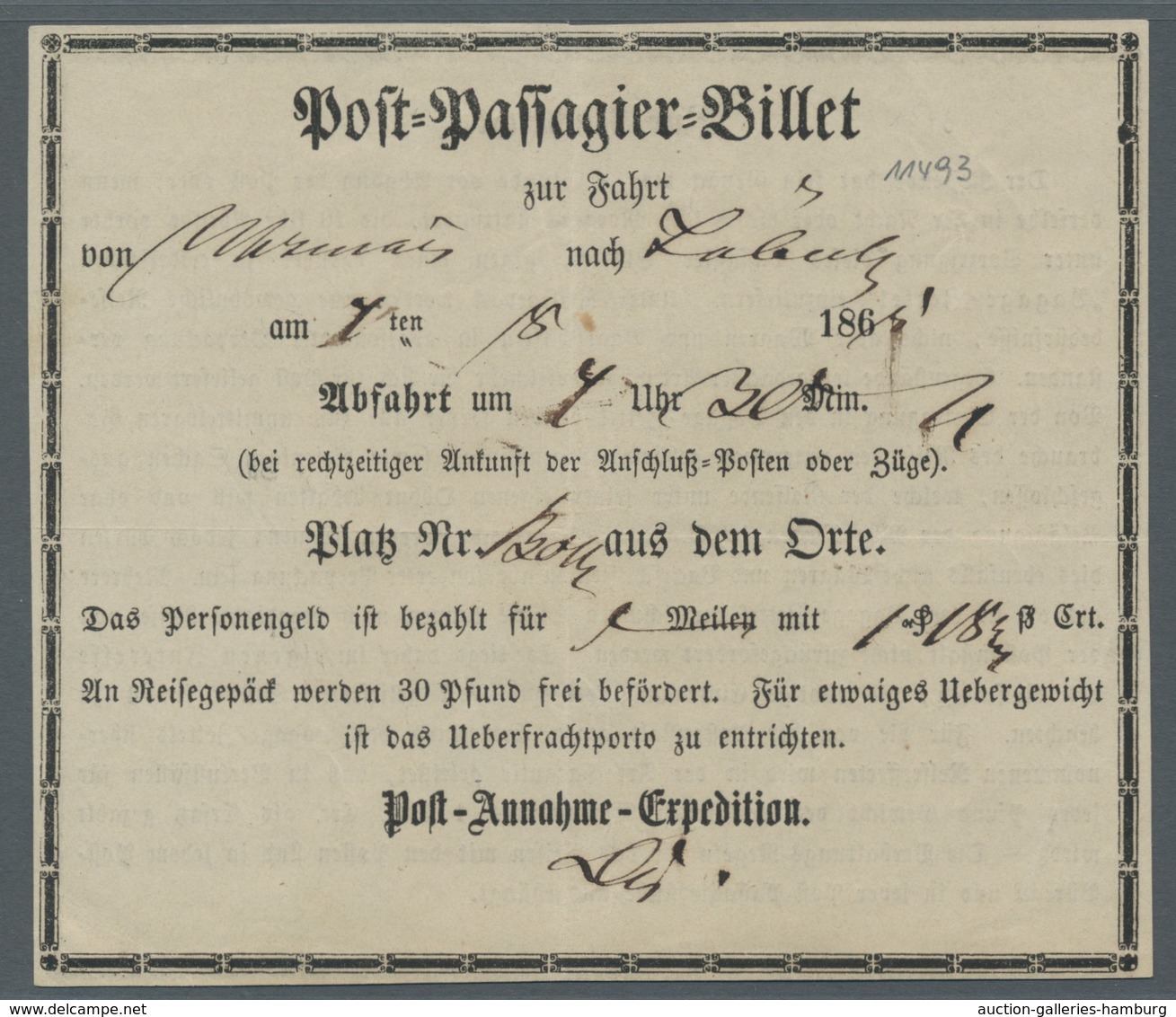 Mecklenburg-Schwerin - Besonderheiten: 1865, "Post-Passagier-Billet" Für Eine Kutschenfahrt Von Wism - Mecklenburg-Schwerin