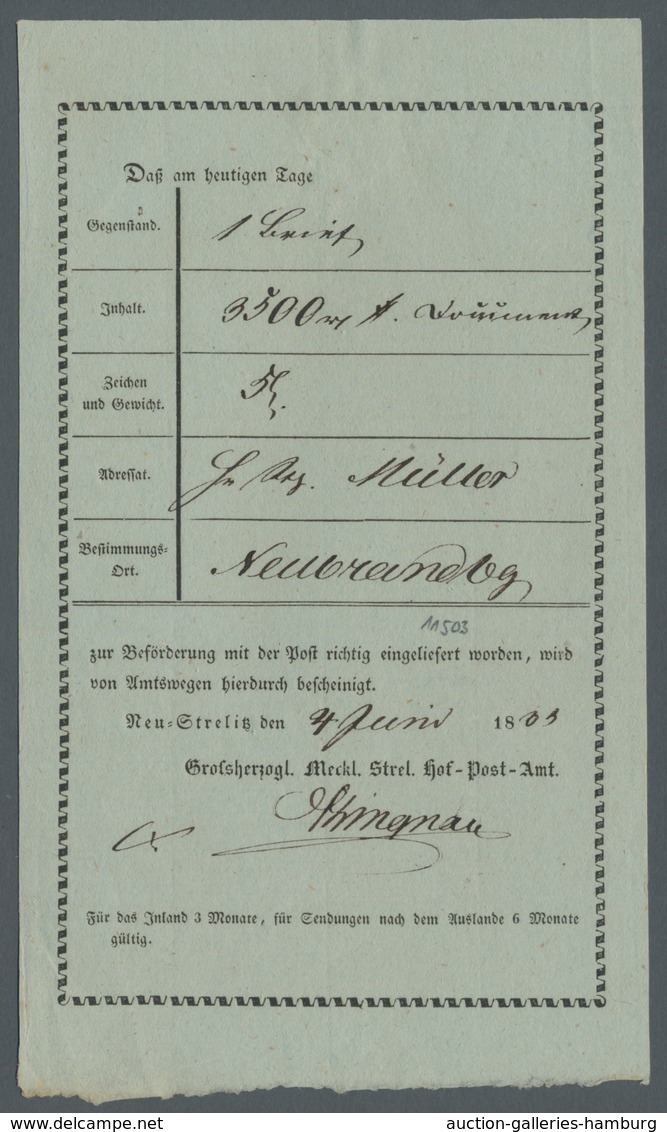 Mecklenburg-Strelitz - Vorphilatelie: 1833, Postaufgabeschein Für Einen Brief Von Neustrelitz Nach N - Precursores