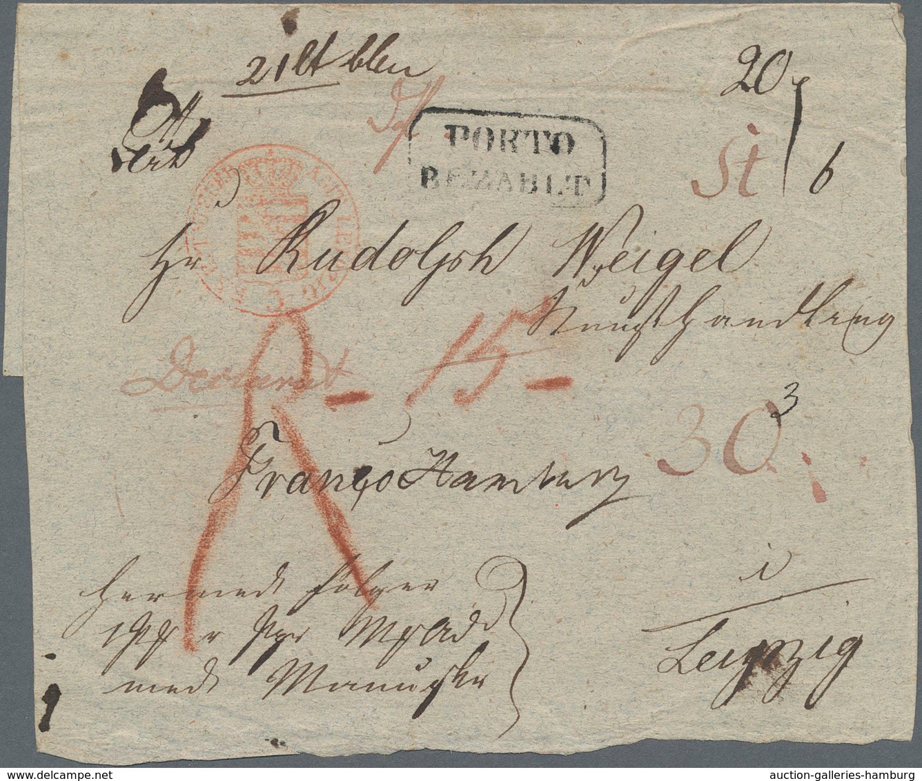 Sachsen - Vorphilatelie: 1820 Ca Paketbegleitbrief "FRANCO HAMBURG" Nach "Rudolf Weigel Kunsthandlun - Precursores