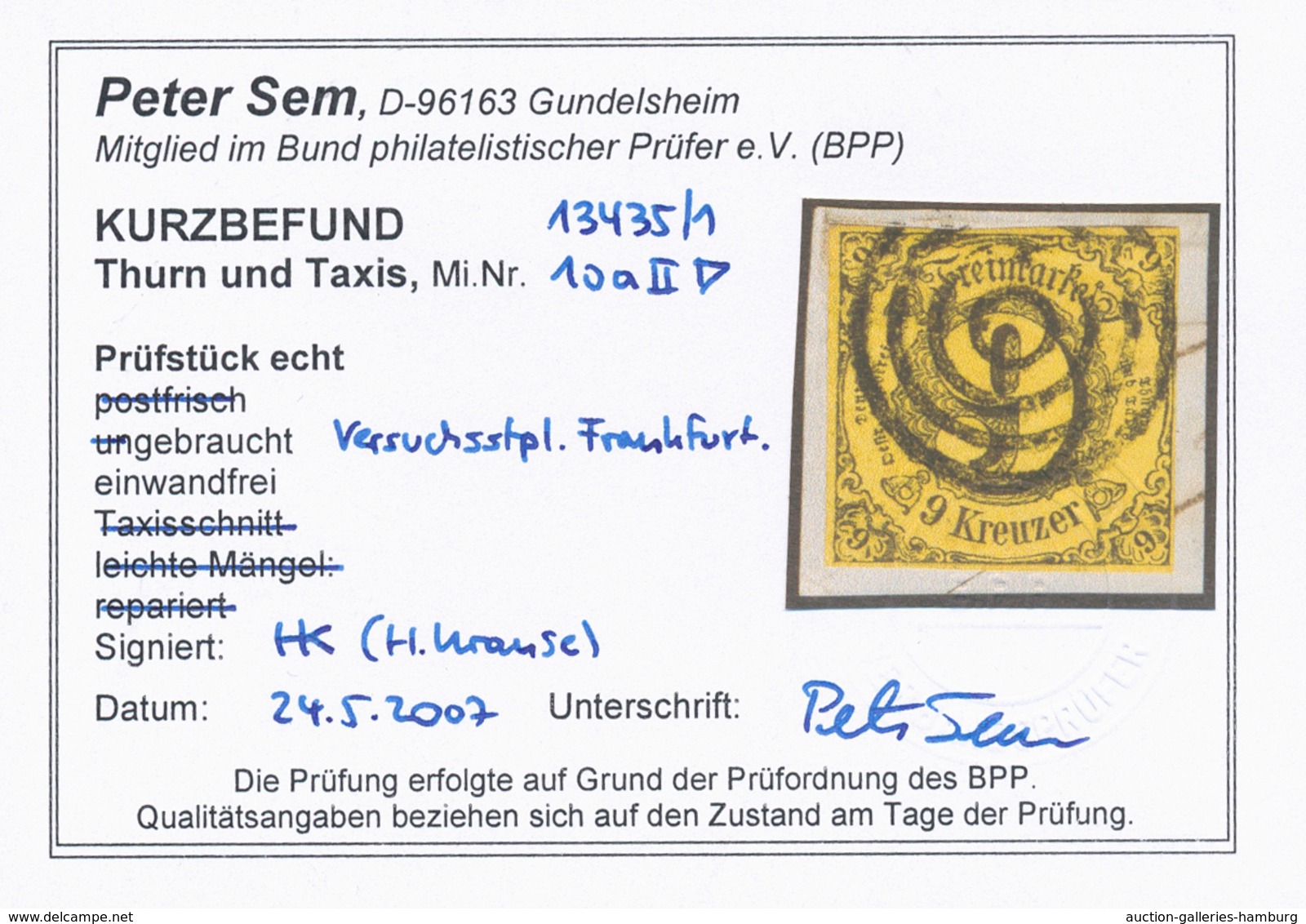 Thurn & Taxis - Marken Und Briefe: 1852, 9 Kr Schwarz A. Gelb Entwertet Mit Seltenem FRANKFURTER VER - Otros & Sin Clasificación