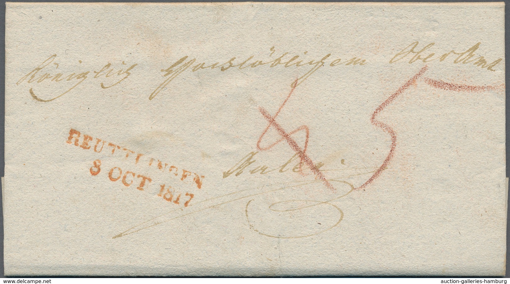 Württemberg - Vorphilatelie: 1817, "REUTTLINGEN" Roter L2 Auf Kompl. Faltbrief Nach Aalen, Feuser 29 - Prephilately