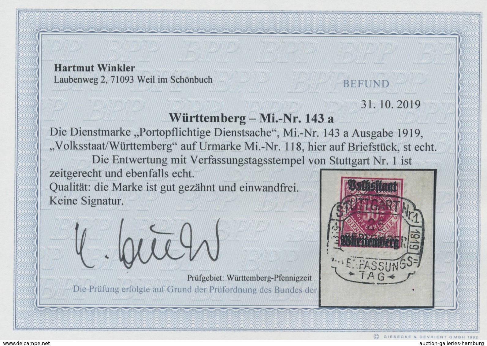 Württemberg - Marken Und Briefe: 1919, 50 Pf. In Der Seltenen Farbe "karmin/magenta, Gut Gezähnt, Ei - Other & Unclassified