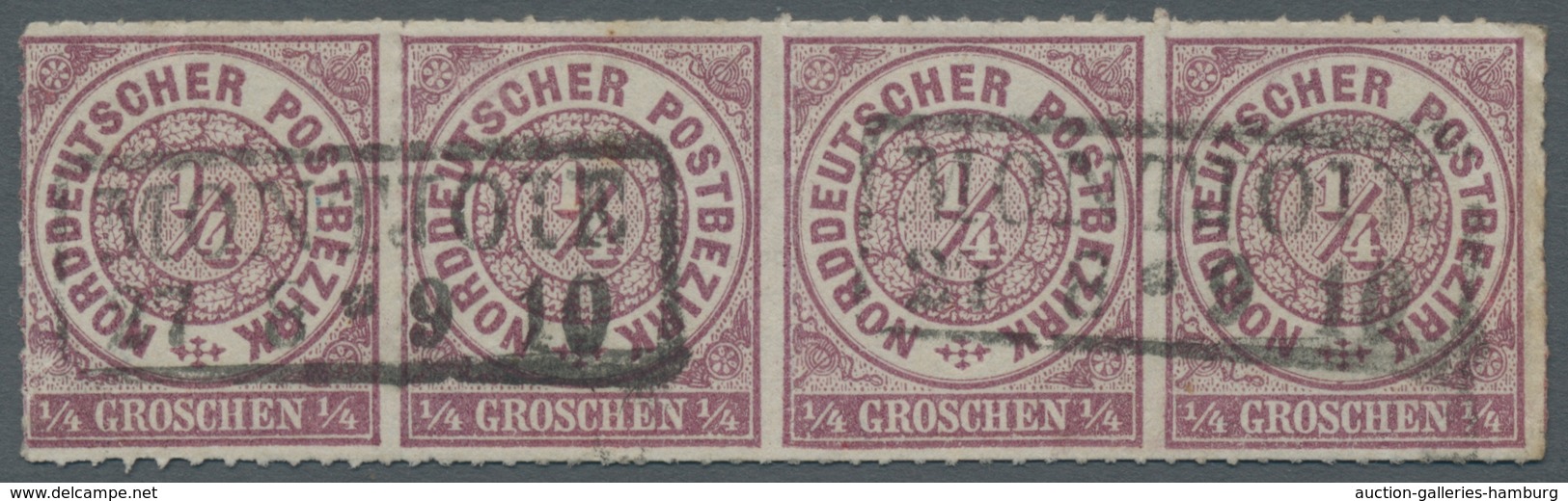 Norddeutscher Bund - Marken Und Briefe: 1868, 1/4 Gr. Braunviolett, Als 4er Streifen, 2x Sauber Gest - Other & Unclassified