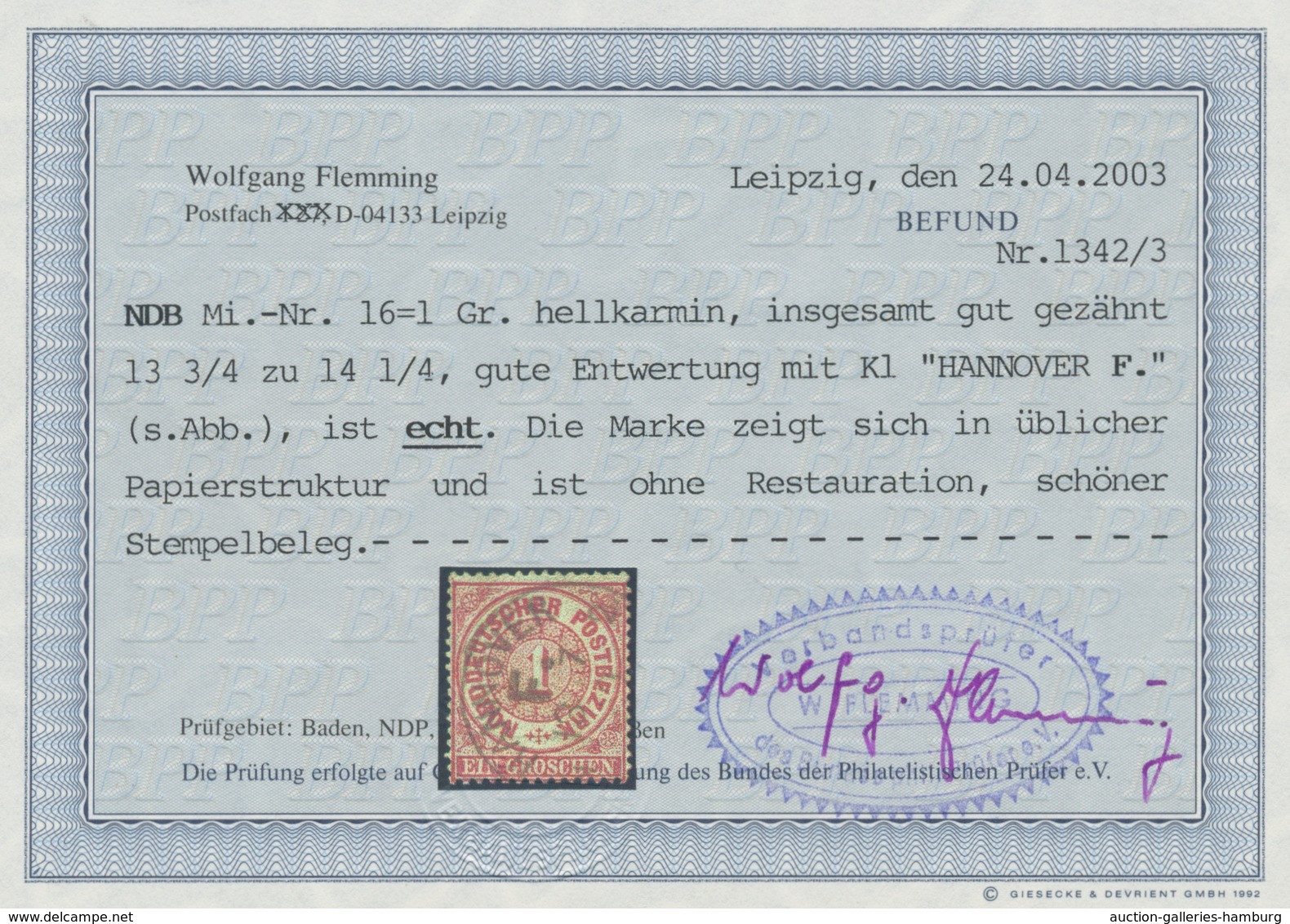 Norddeutscher Bund - Marken Und Briefe: 1869, 1 Gr. Karmin, Mit Seltener Entwertung K1 "Hannover F", - Sonstige & Ohne Zuordnung