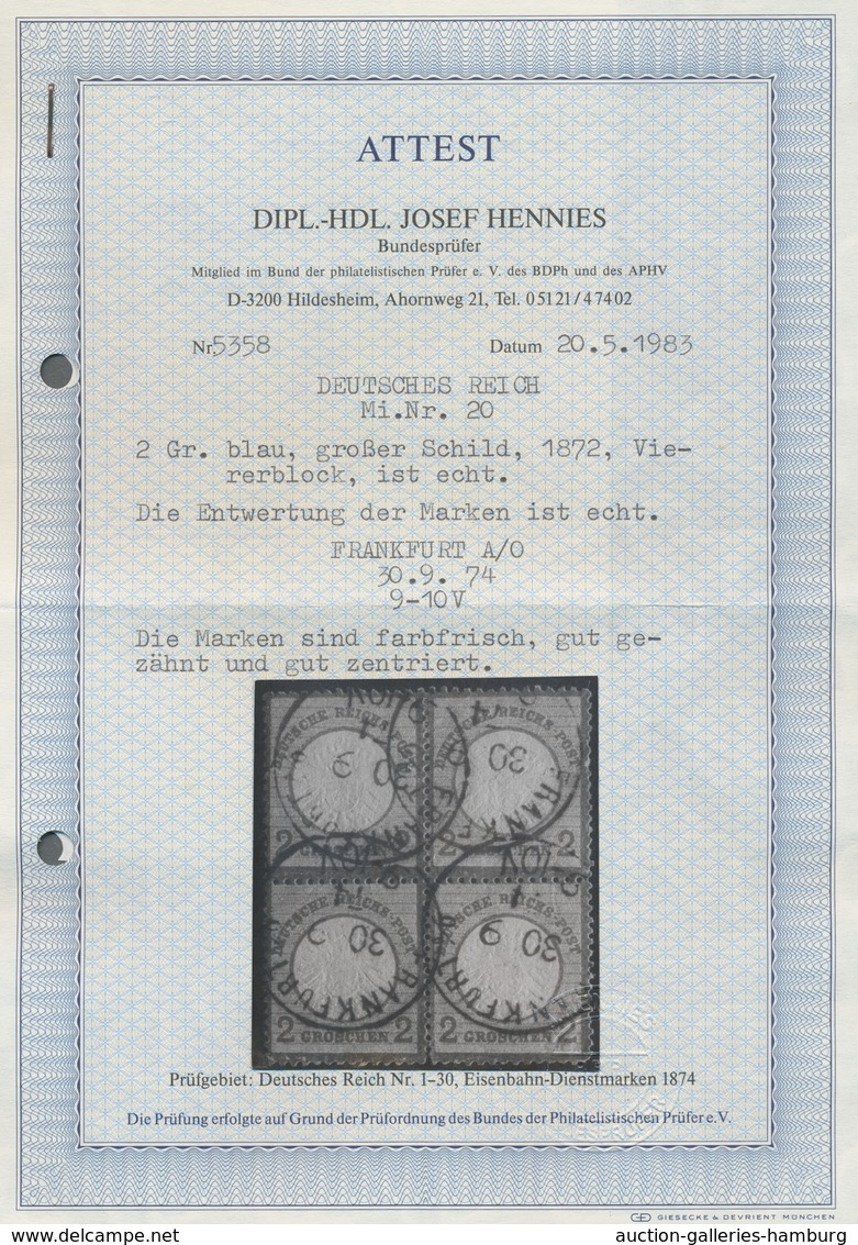 Deutsches Reich - Brustschild: 1872; Großer Schild 2 Groschen Blau Im Viererblock Gestempelt "Frankf - Covers & Documents