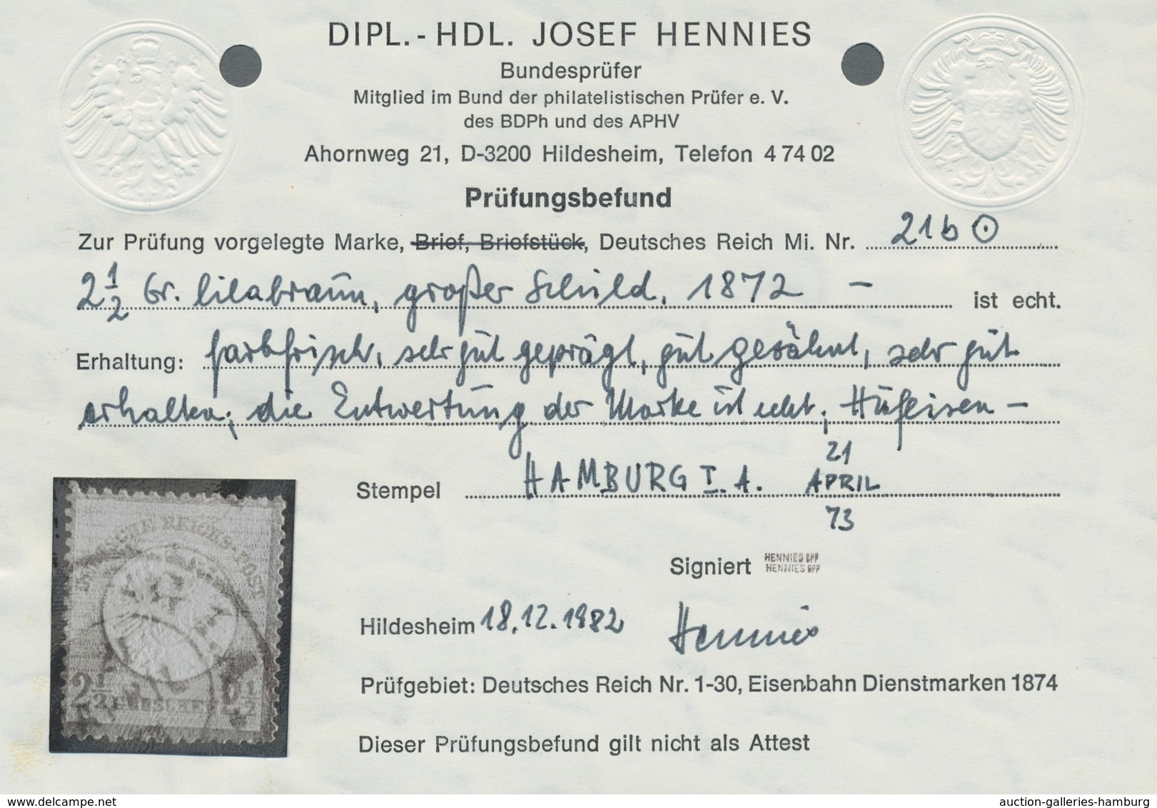 Deutsches Reich - Brustschild: 1872; Großer Schild 2 1/2 Lilabraun Mit Hufeisenstempel Von Hamburg E - Covers & Documents