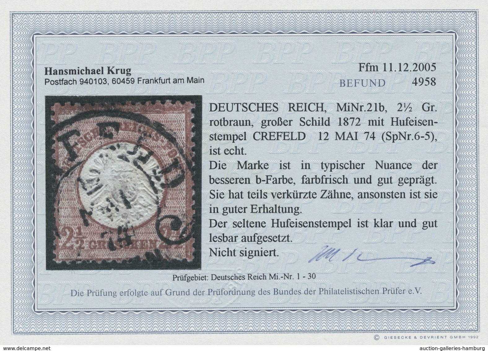 Deutsches Reich - Brustschild: 1872, 2 1/2 Gr. Rotbraun, Großer Schild, Mit Hufeisenstempel CREFELD - Covers & Documents