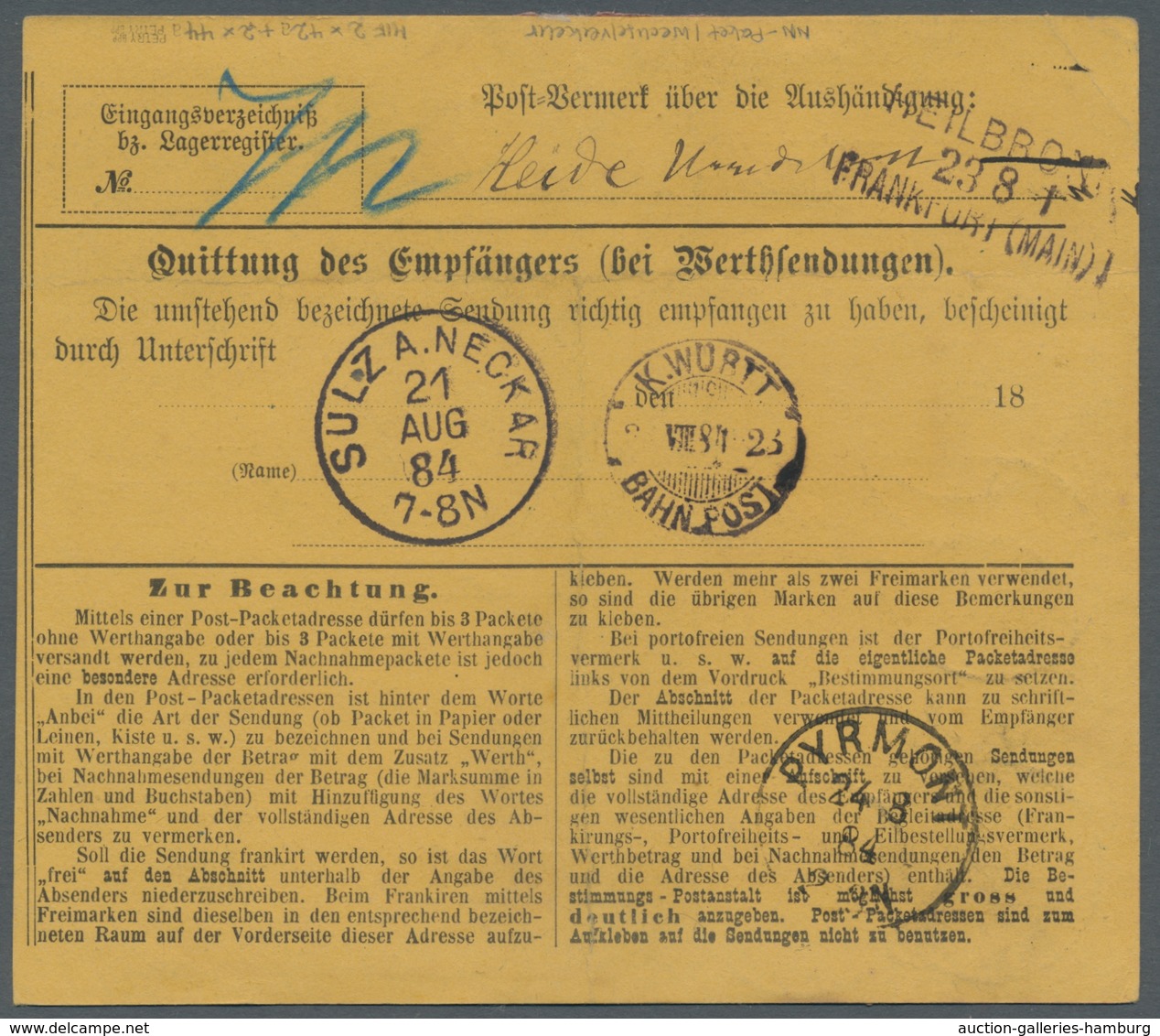 Deutsches Reich - Pfennig: 1884, Nachnahme-Paketkarte Im "Wechselverkehr" Von Pyrmont Nach Sulz Am N - Cartas & Documentos