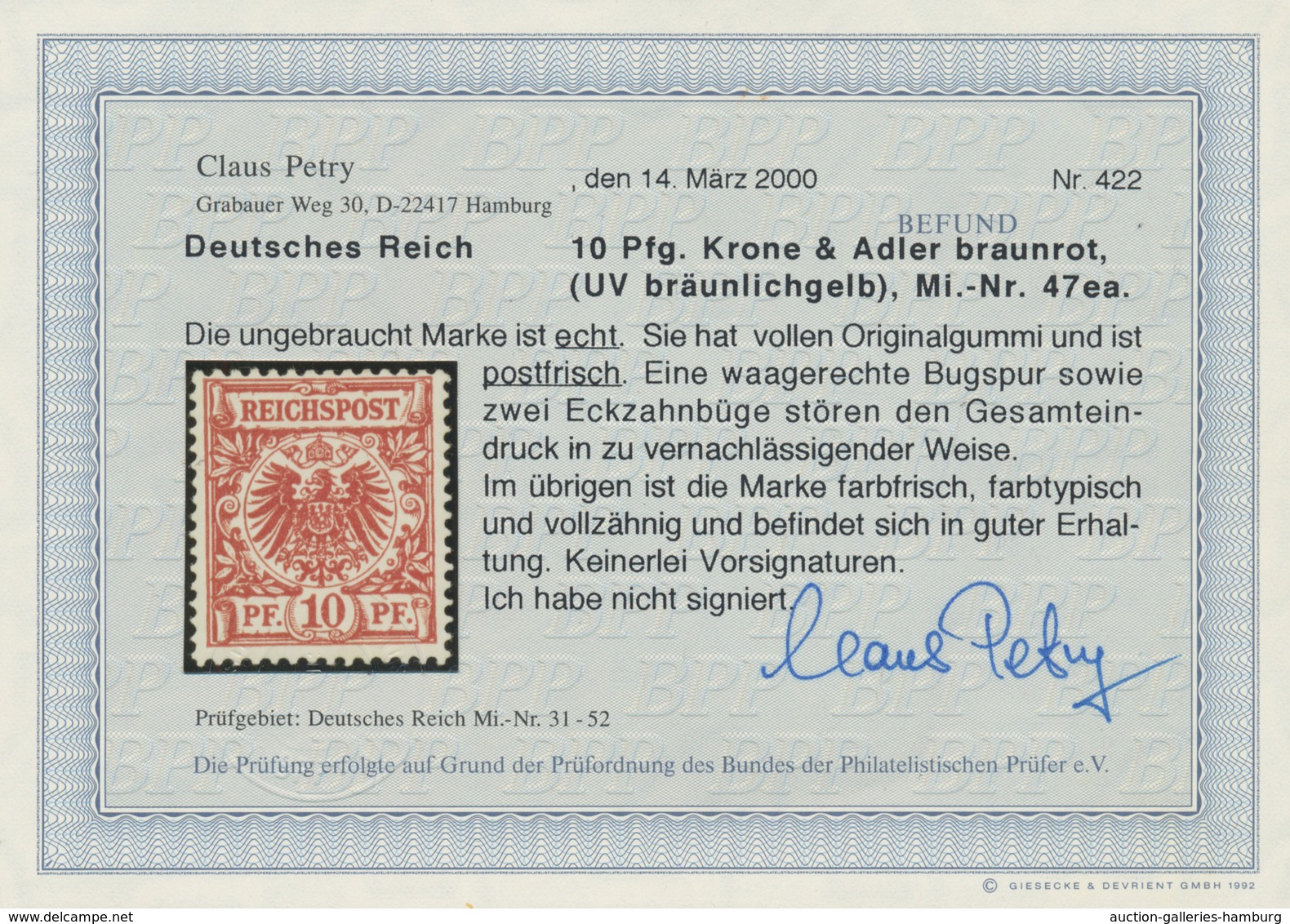Deutsches Reich - Krone / Adler: 1899, Krone/Adler 10 Pfg. Dunkelrosarot, Farbfrisches Exemplar In G - Nuevos