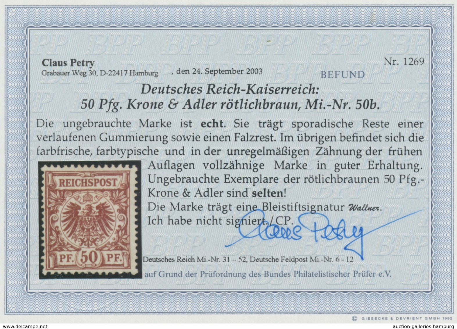 Deutsches Reich - Krone / Adler: 1889, "Krone/Adler" 50 Pfennig Rötlichbraun Ungebraucht Signiert Wa - Ungebraucht