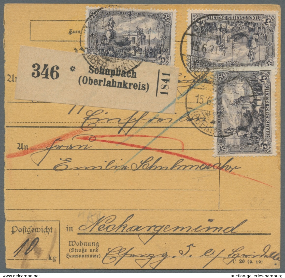 Deutsches Reich - Germania: 1918, 3 M Schwarzviolettgrau, Kriegsdruck, 3 Werte Als Mef Auf Paketkart - Unused Stamps