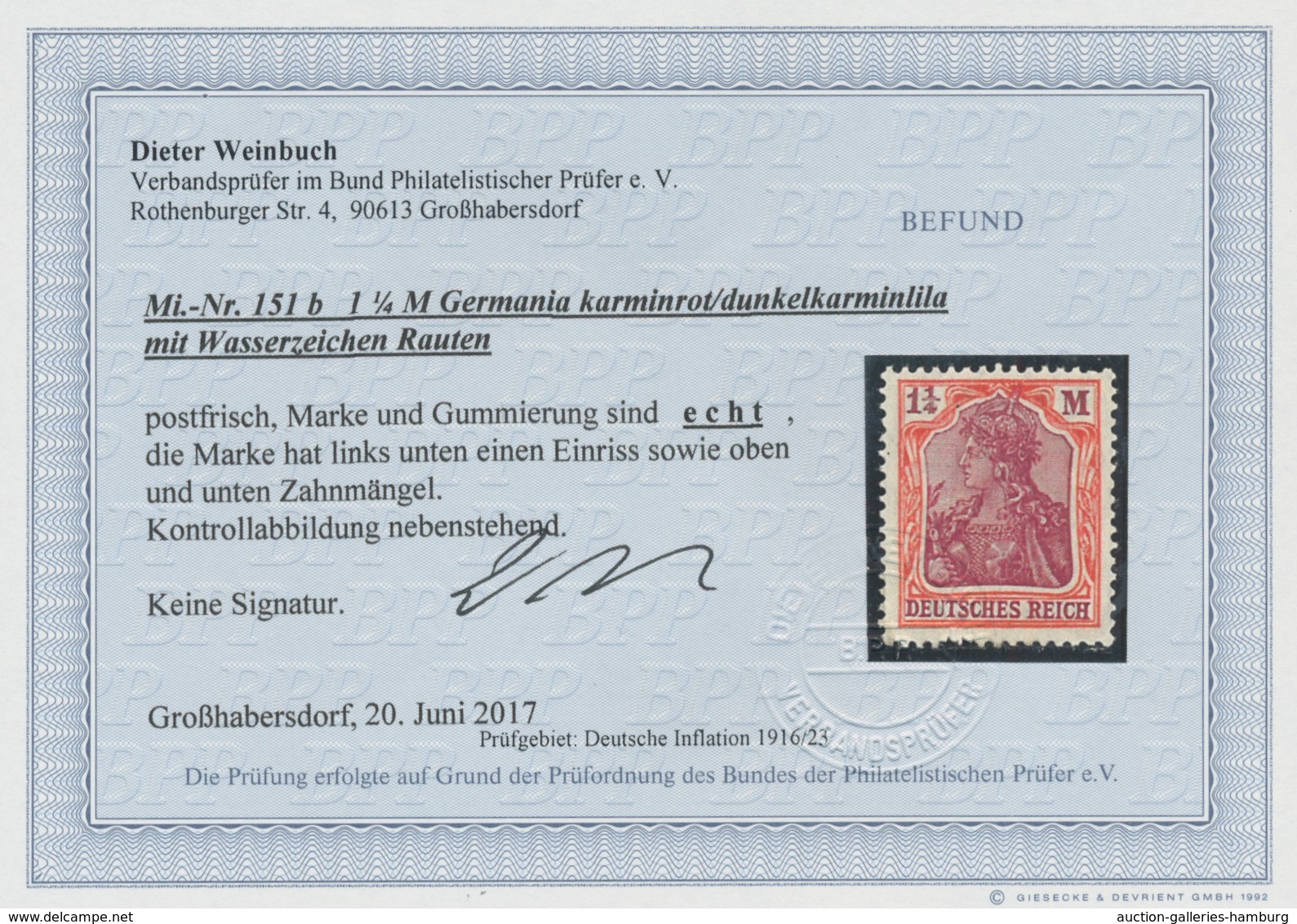 Deutsches Reich - Inflation: 1920, 1 1/4 Germania Mit WZ Rauten, (früher 151y) Postfrisch, Farbfrisc - Usados