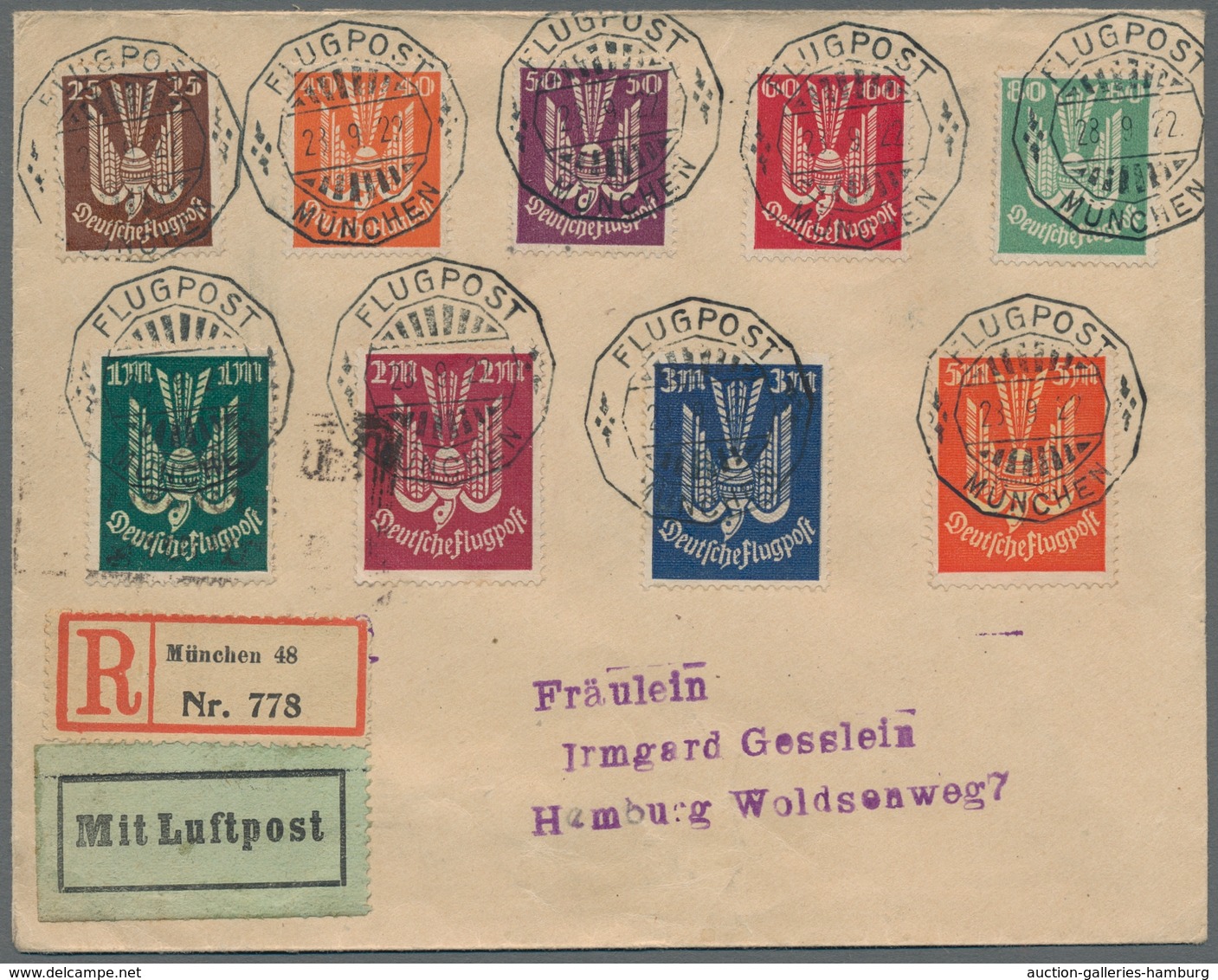 Deutsches Reich - Inflation: 1922, "Holztaube I", Kompletter Satz Auf Flug-R-Brief Von MÜNCHEN 23.9. - Used Stamps
