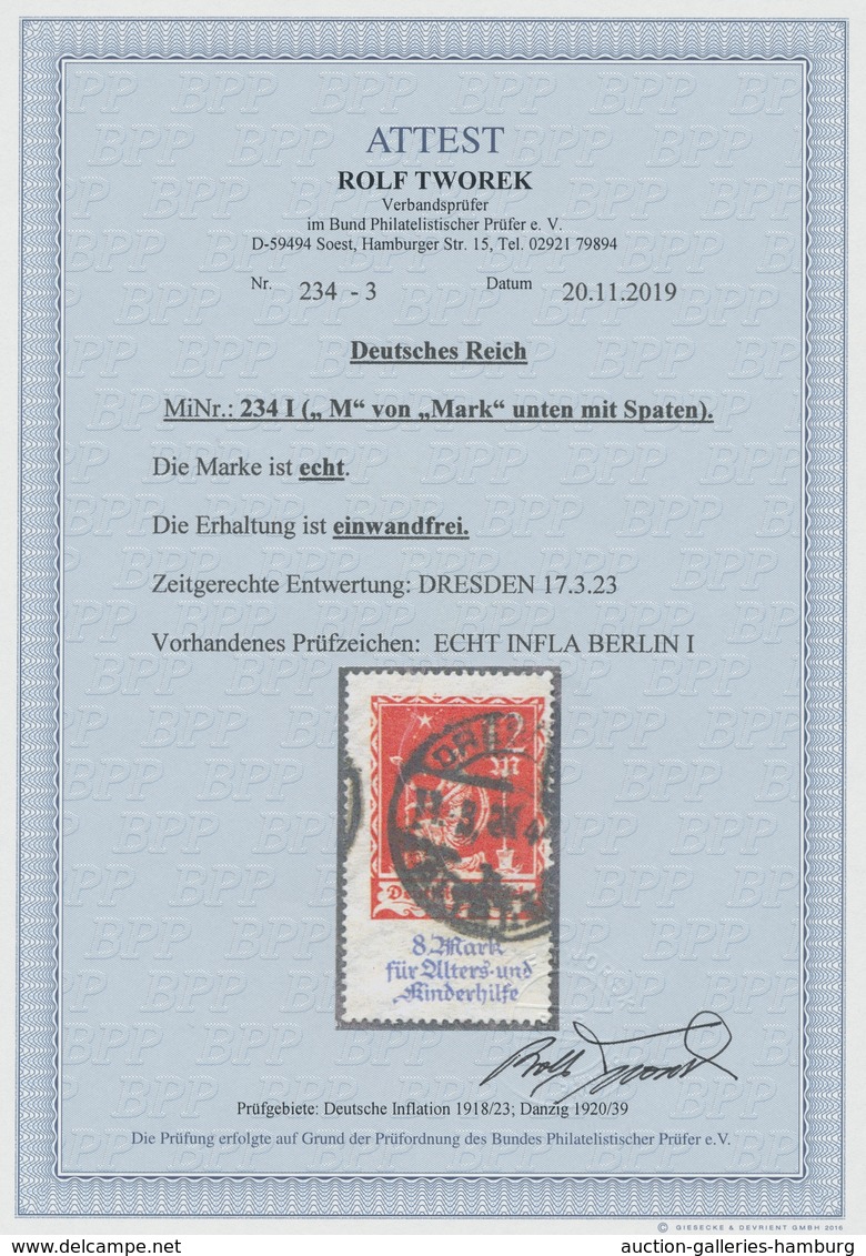 Deutsches Reich - Inflation: 1922, "Alters- Und Kinderhilfe 12+8 Mark Mit Plattenfehler "M" Von Mark - Usados
