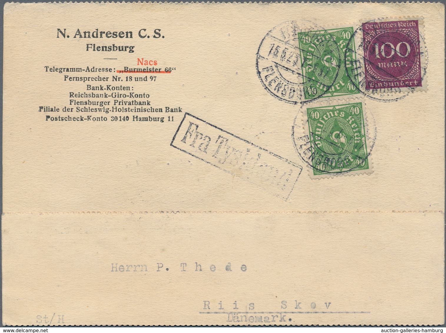 Deutsches Reich - Inflation: 1923, Auslandskarte Seepost (15.5.23) 100M (Mi.268), 2 X 40M (Mi. 232P) - Gebraucht