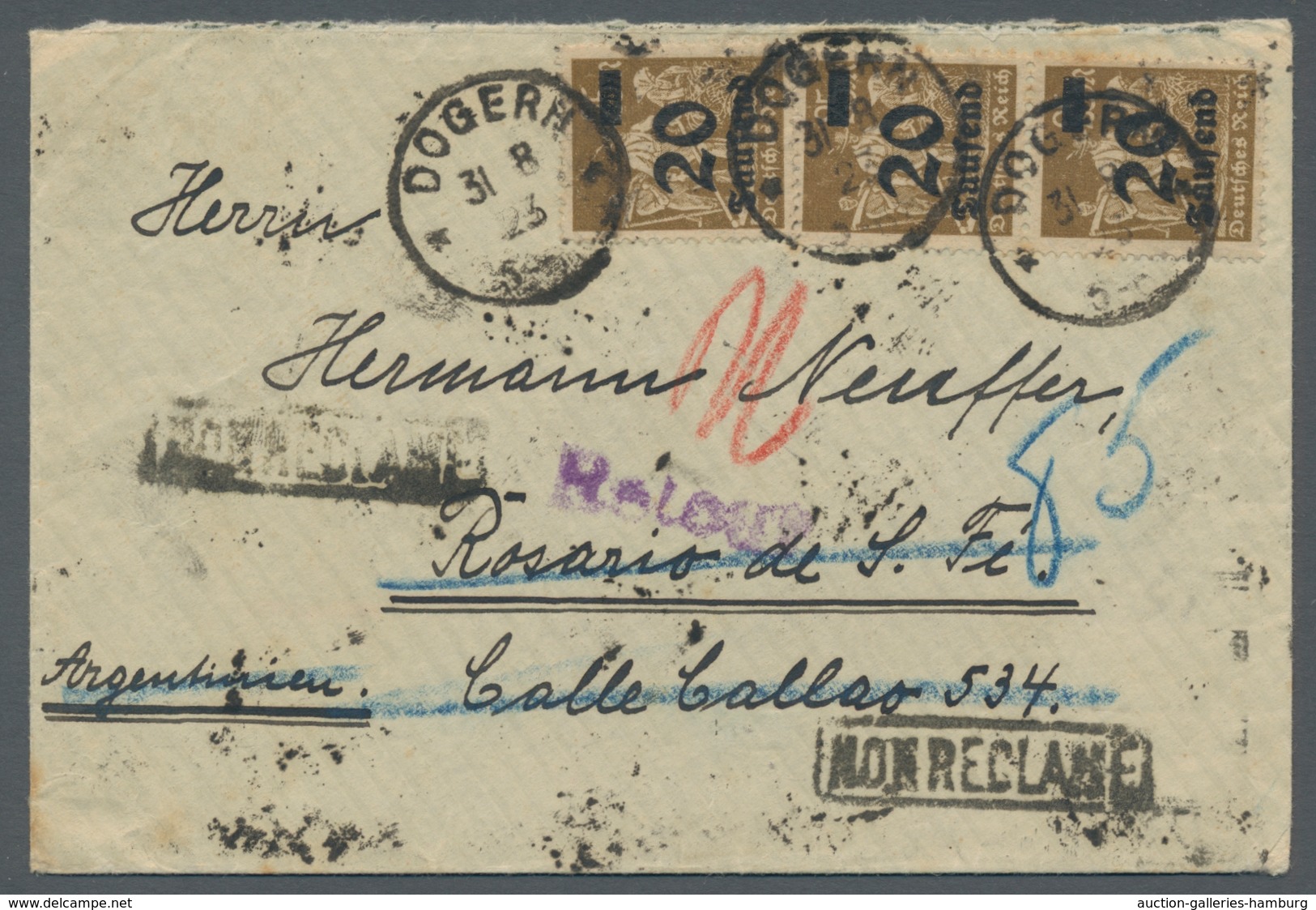 Deutsches Reich - Inflation: 1923, 20 Tsd. Auf 25 M Braun 3er Streifen Als Mef Auf Kleinem Überseebr - Used Stamps